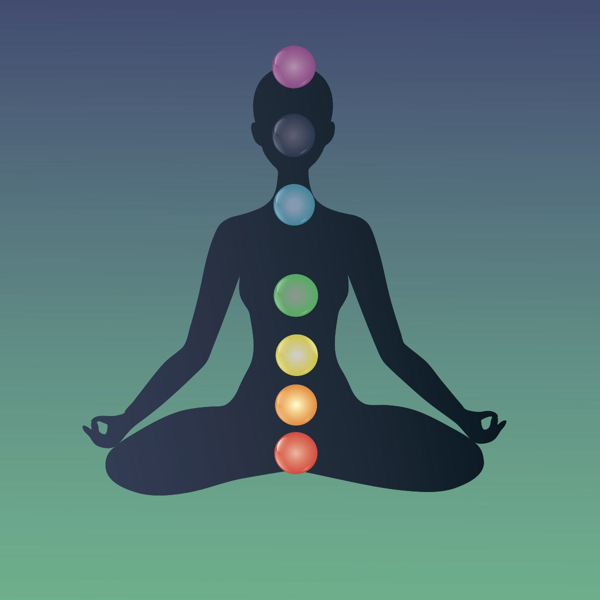 Silhouette of a person in meditation with chakra colours on a gradient background.