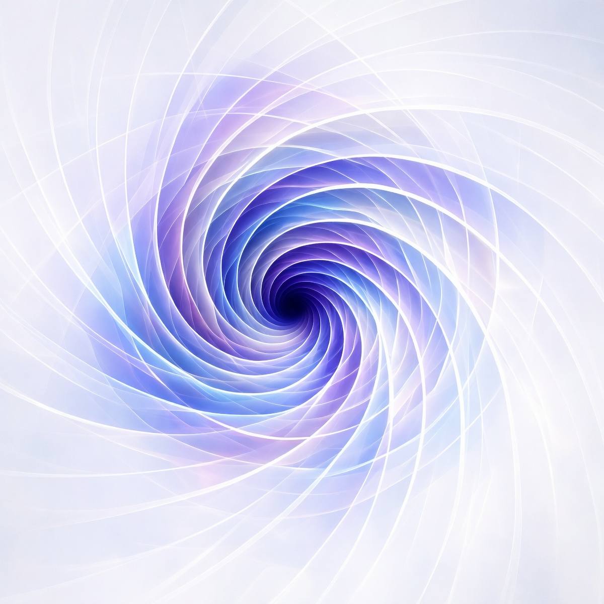 An ethereal white, indigo, and violet digital vortex with translucent, swirling ribbons spiralling inward representing channelling clearing.