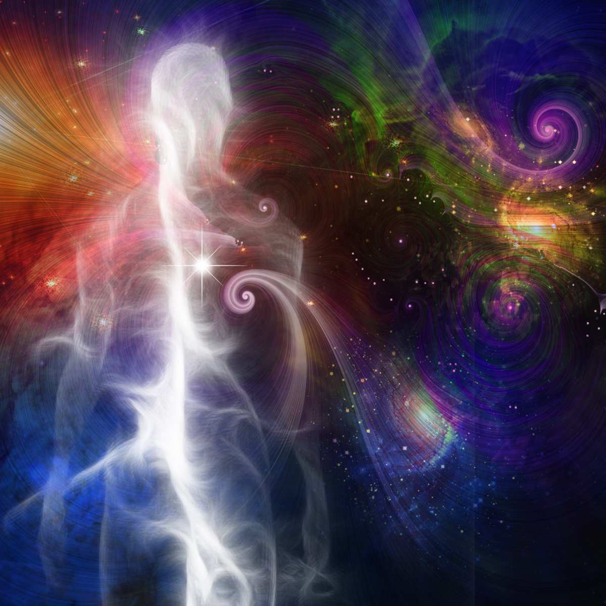 A white, glowing figure against a multicoloured galaxy of stars and swirls, representing chi leakage.