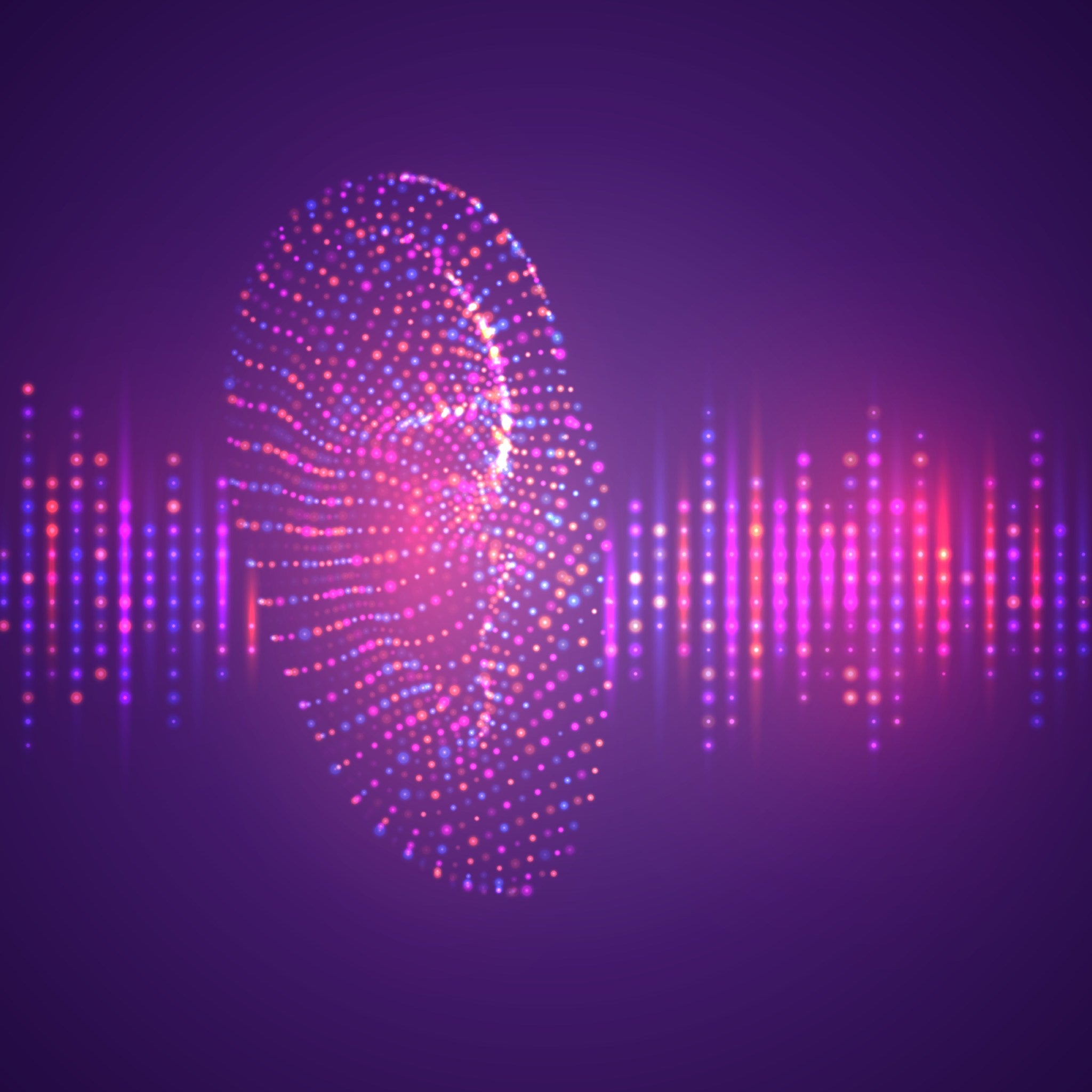 Clairaudience Maintenance Attunement: abstract graphic of an ear-shaped sphere made of neon dots, flanked by vibrant purple and pink light sound equaliser bars.