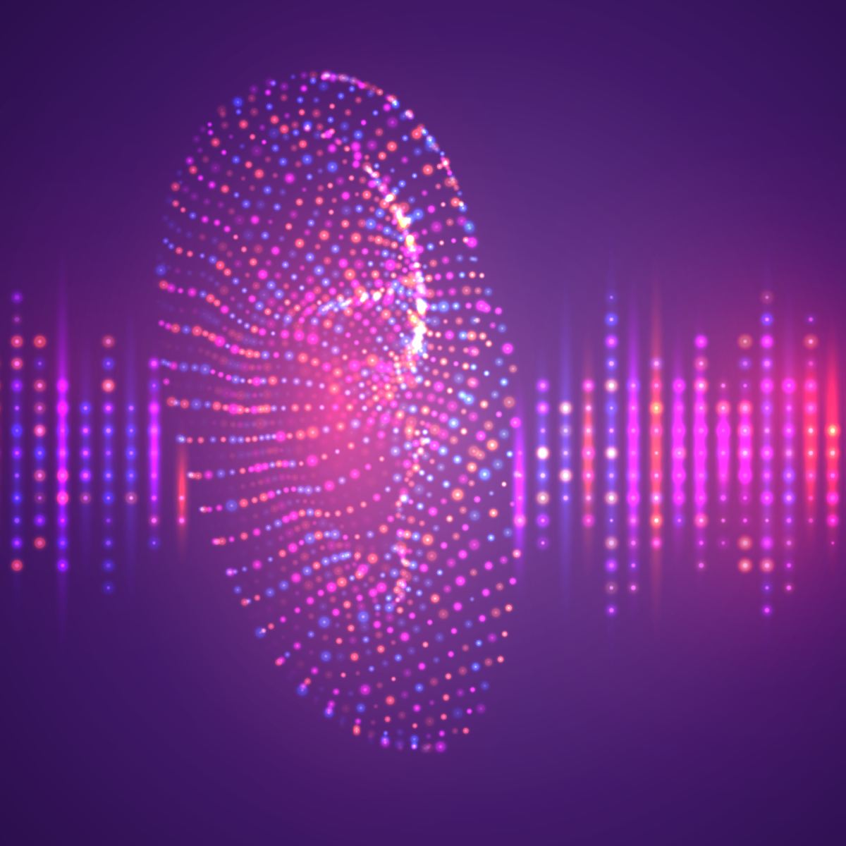 Futuristic clairaudience ear design with colourful energy dots on a dark background.