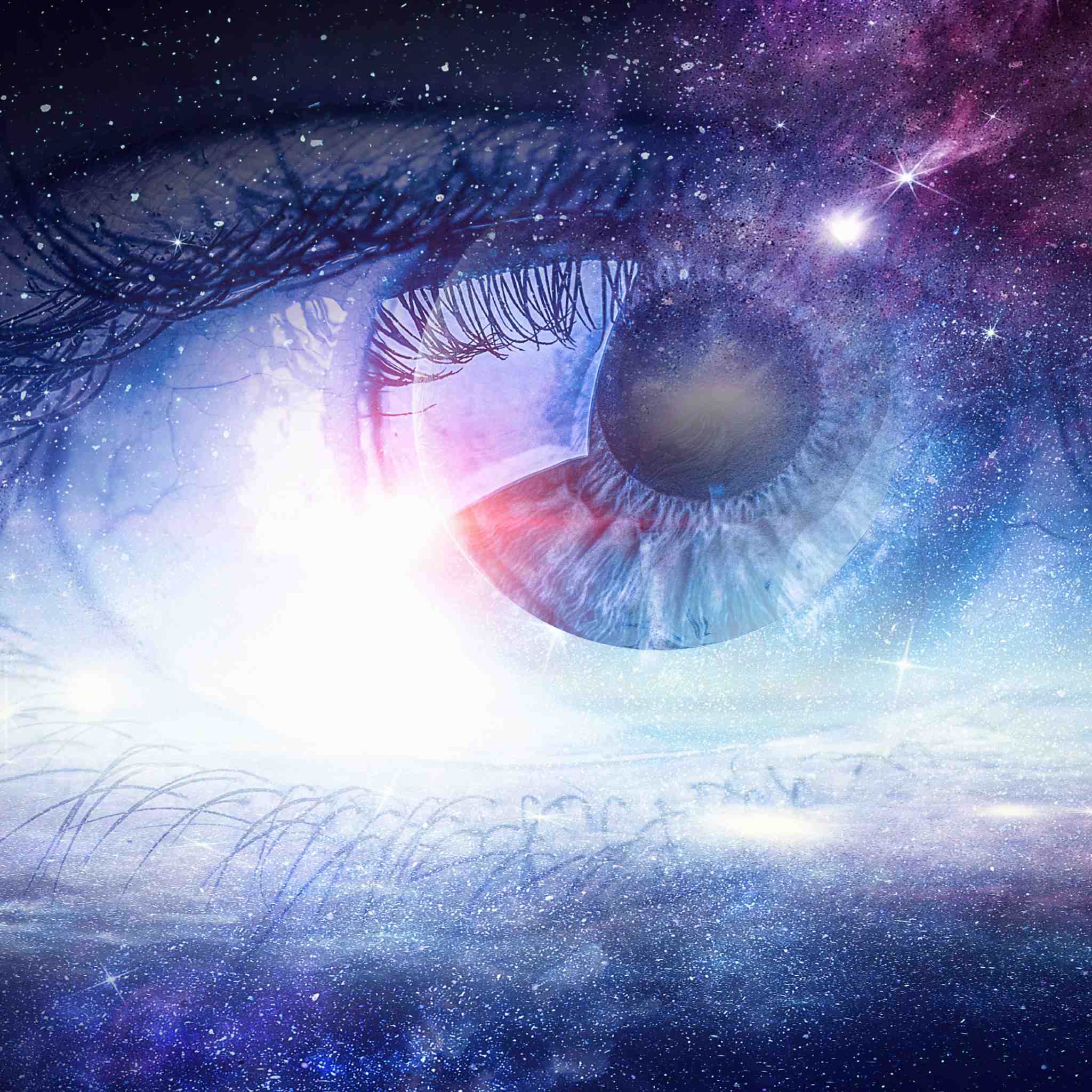 A cosmic, detailed close-up of an eye infused with the night sky, radiating luminous violet and deep blue light, symbolising clairvoyance and spiritual sight.