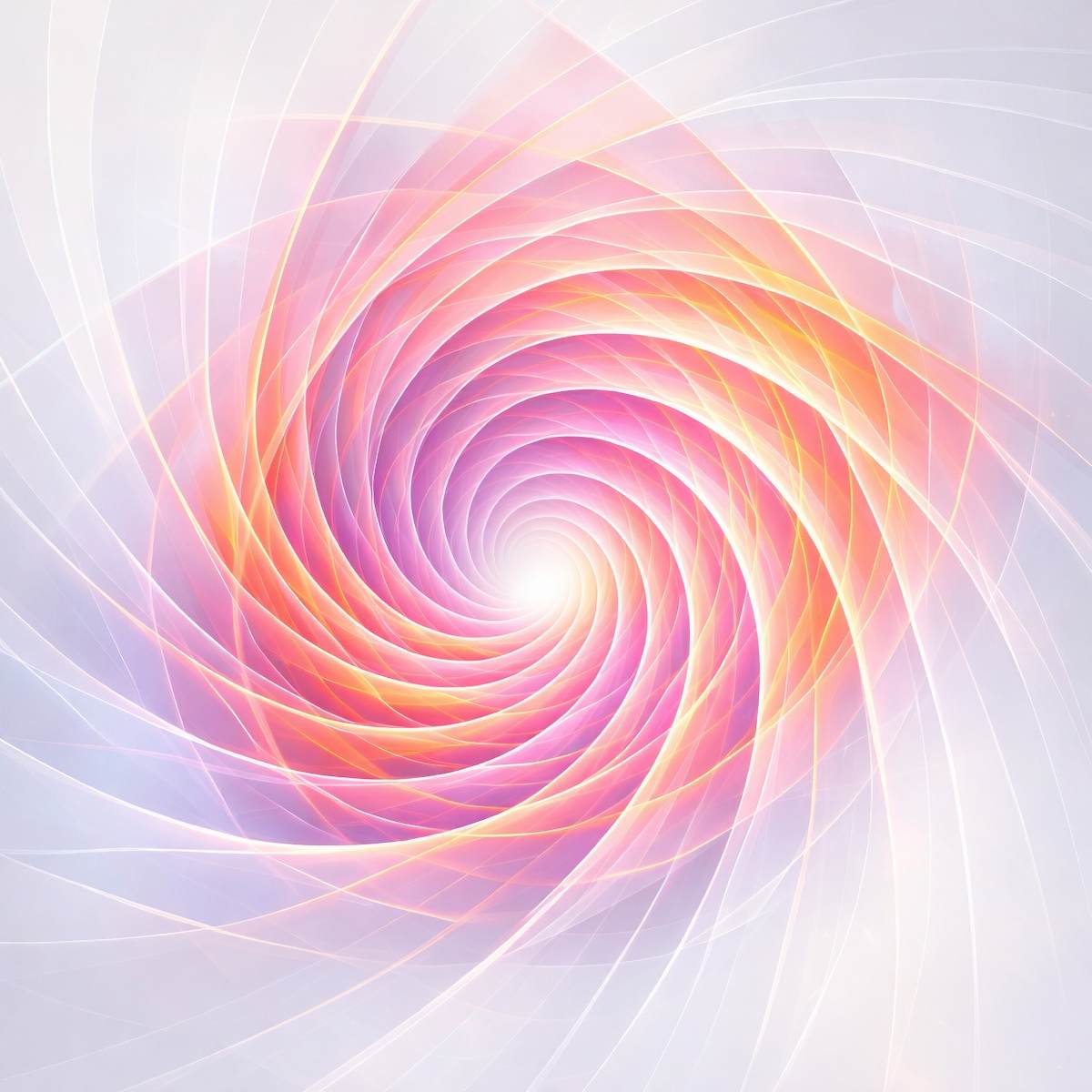 An ethereal white and bright sunset-orange digital vortex with translucent, swirling geometric ribbons spiralling inward.