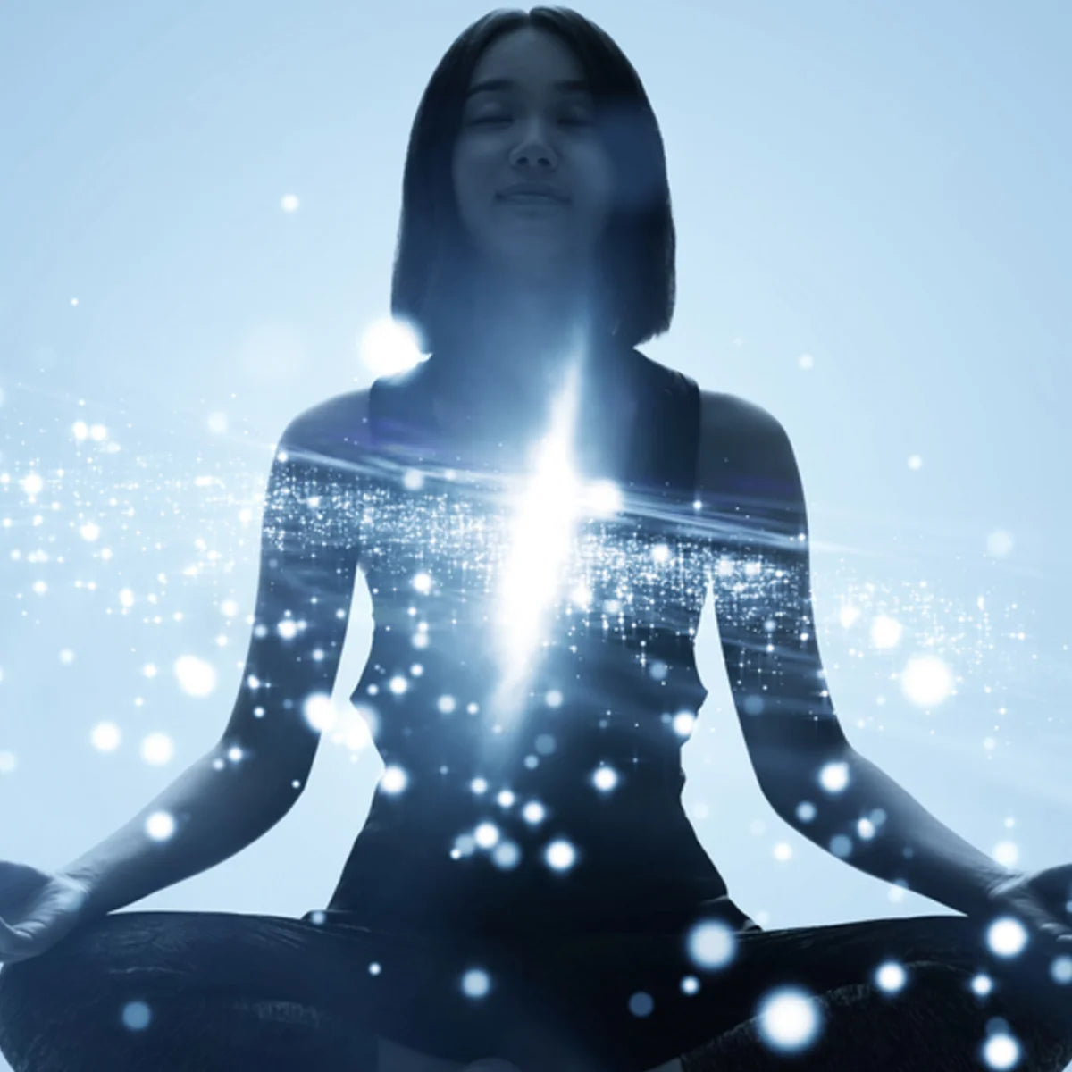 Custom potential attunements illustration: meditating person with light energy.