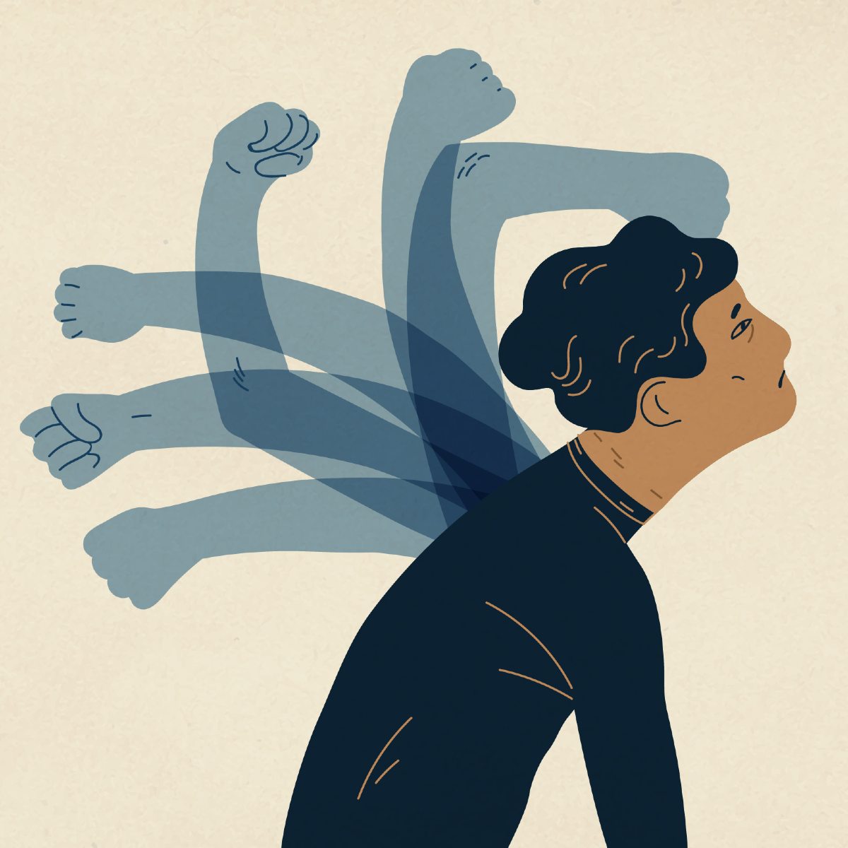 Illustration of a person looking up while multiple blue shadow arms hit their back suggesting self punishment.