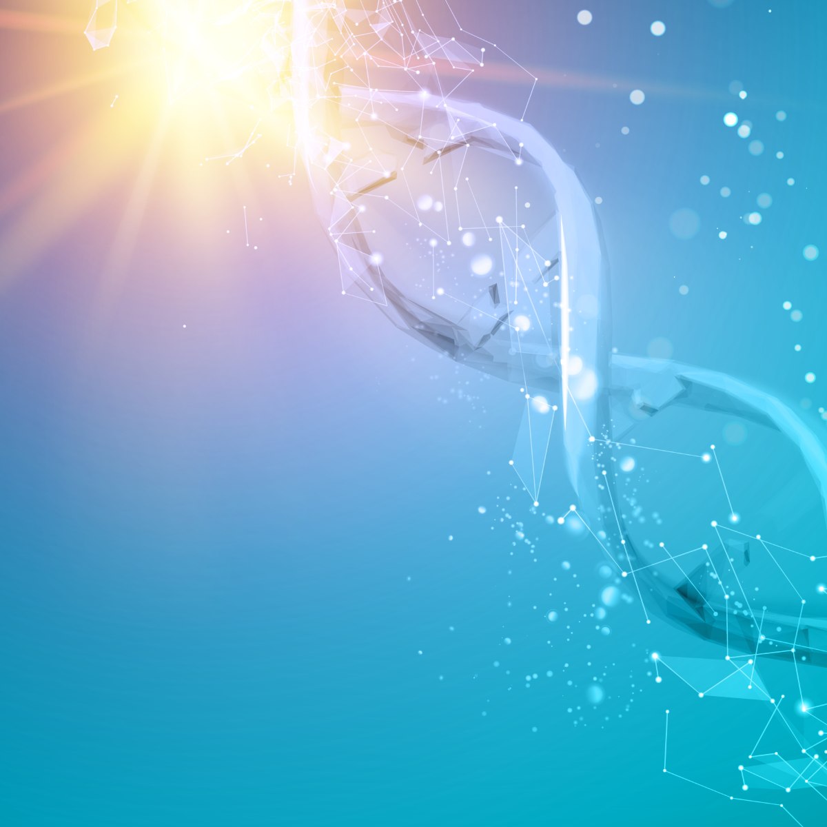 Abstract glowing DNA double helix made of geometric connections and light particles against a blue background with a warm light source.