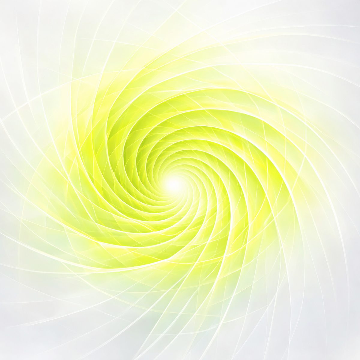 An ethereal white and bright lime-green digital vortex with translucent, swirling geometric light ribbons spiralling inward.