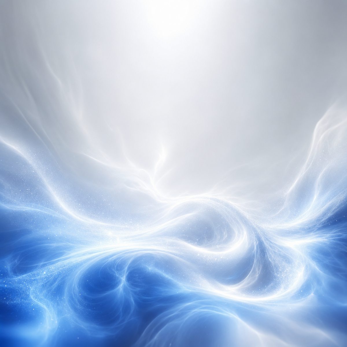 Abstract blue and white wave-like design on a light grey background.