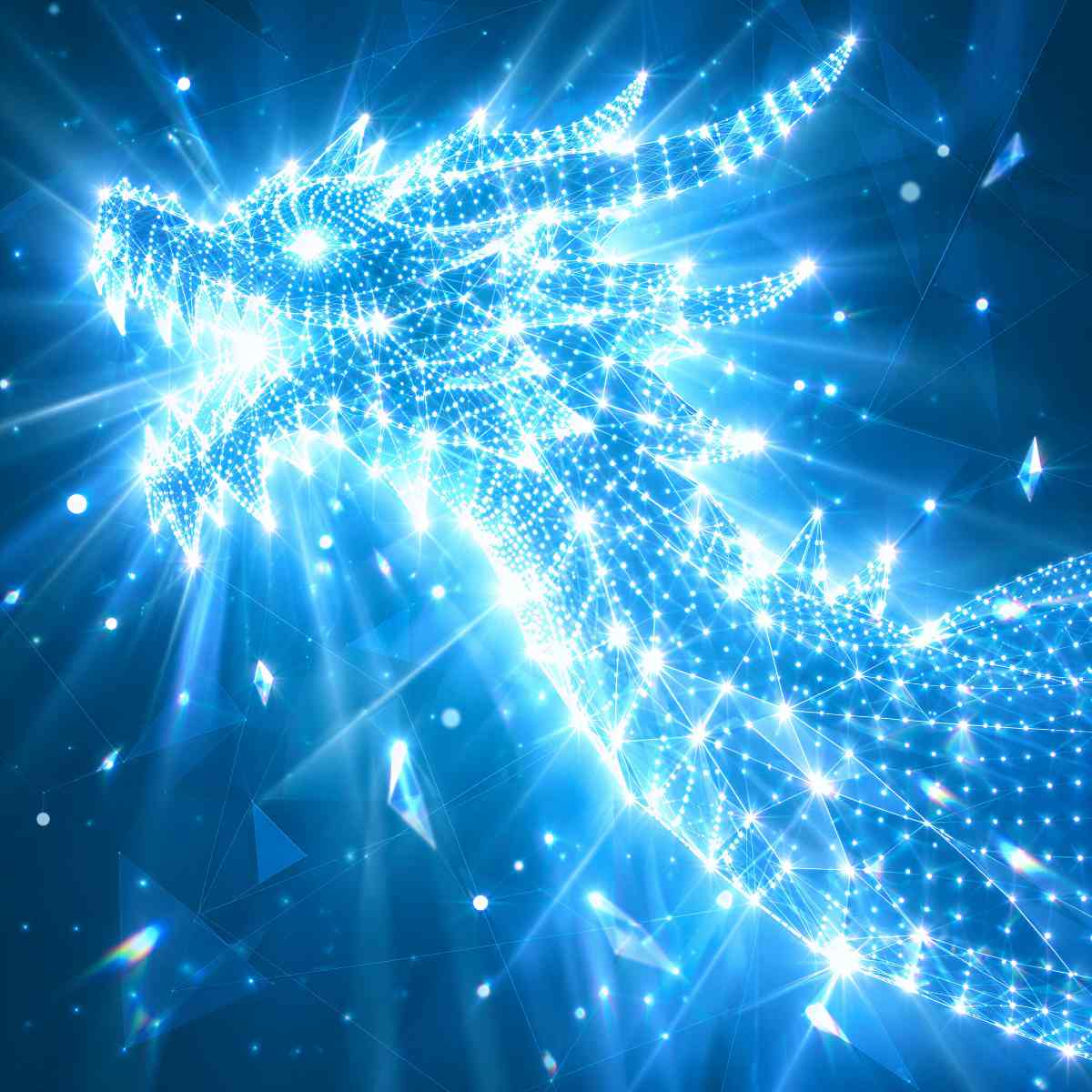 High vibration and glowing dragon in white energy against a blue shimmering background.
