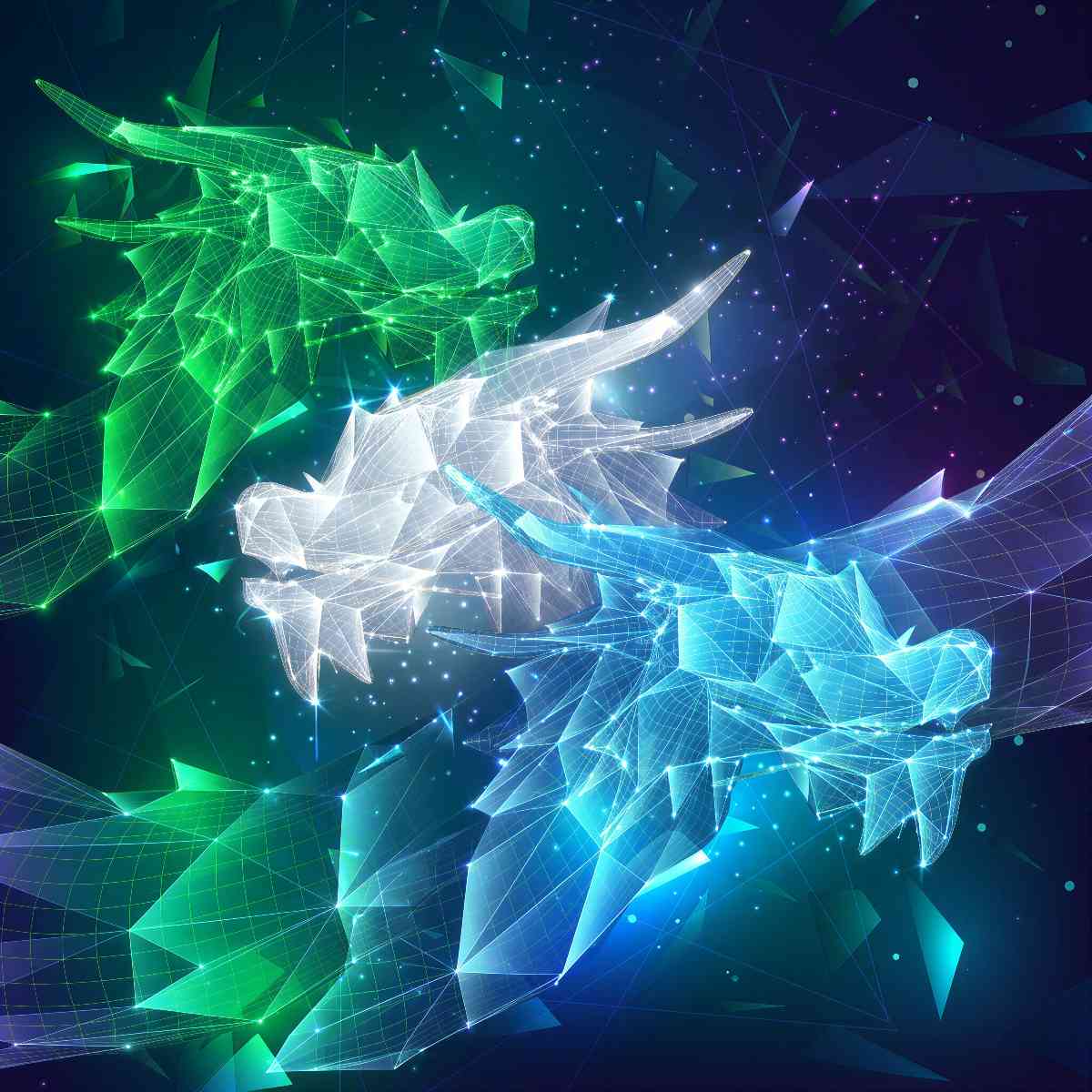 Three light dragons, one green, white and blue, against a dark blue background.