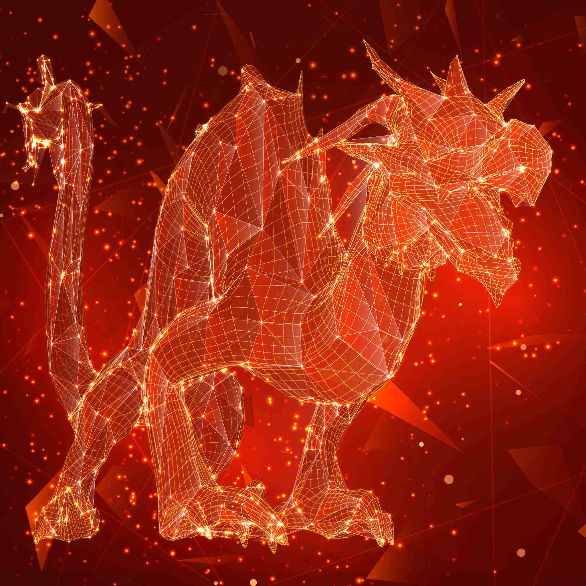 A stunning digital illustration of a fiery red-orange dragon standing in a fierce pose, created entirely from a glowing, complex wireframe of white and yellow lines and dots. The background is an abstract blend of deep red and dark orange with shimmering lights, symbolising the power of dragon protection.