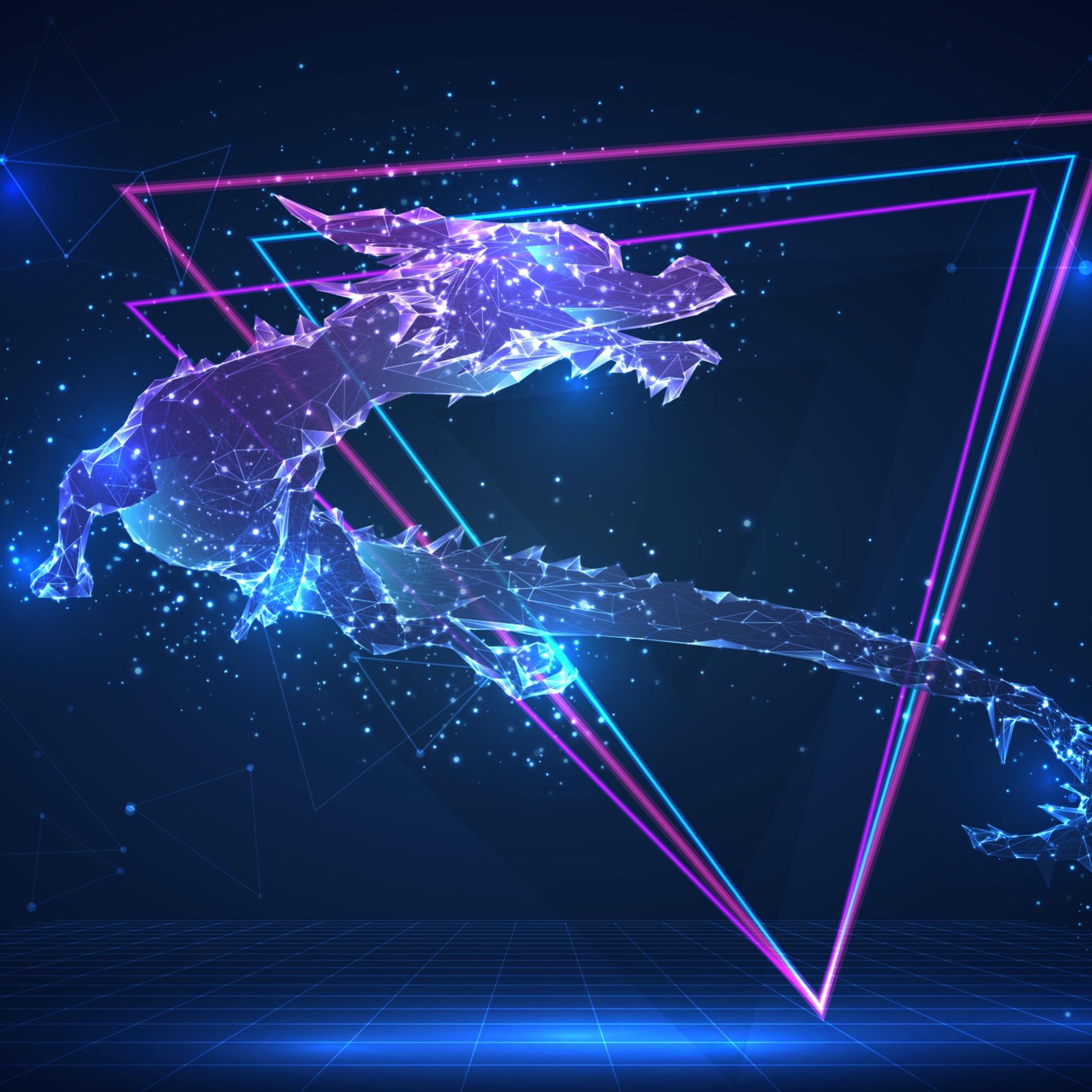 A stunning digital illustration of a flying dragon, rendered as a geometric, glowing wireframe in neon shades of blue and purple. The dragon is framed within a glowing pink and blue triangular light structure, against a dark blue background with a gridded floor, representing the intense energy of the dragon psychic development.