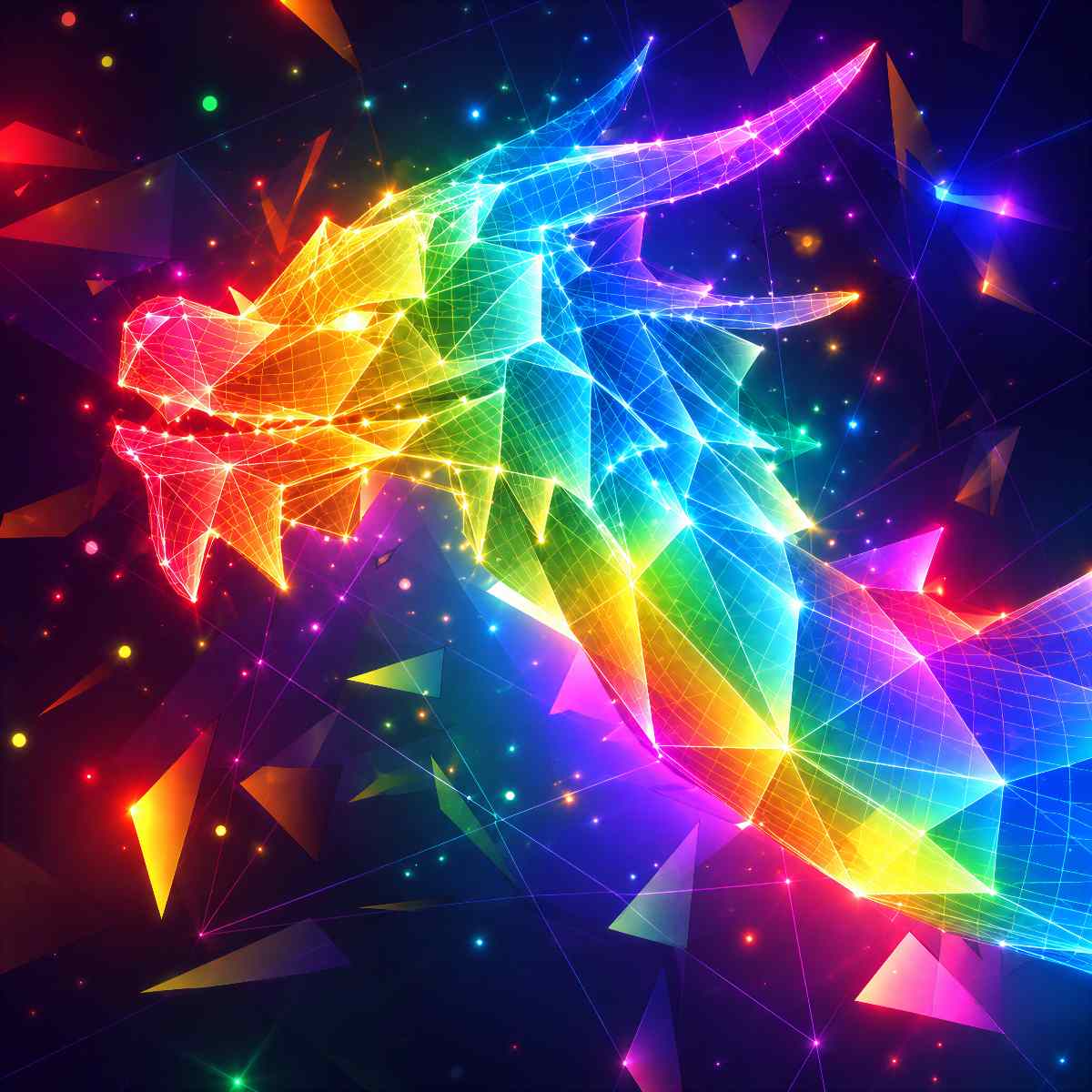 Brightly coloured dragon in the spectrum colours of light against a dark background.