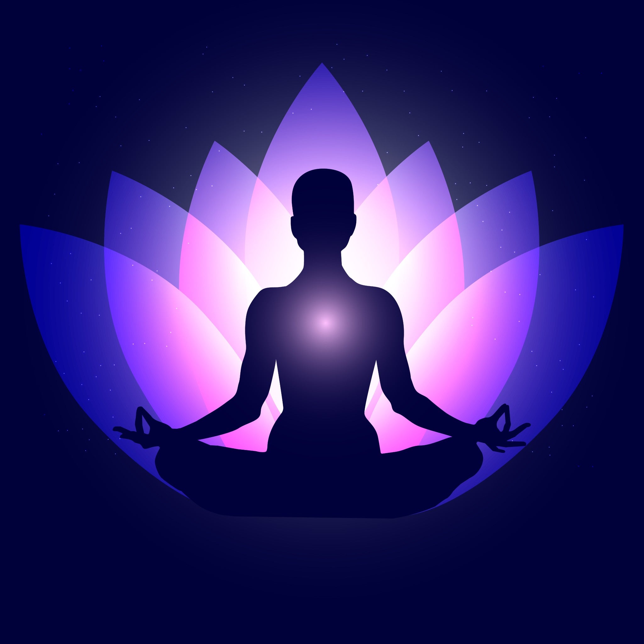 Silhouette of a person in meditation pose with a glowing lotus flower on a dark background, representing 852 solfege energy connections.
