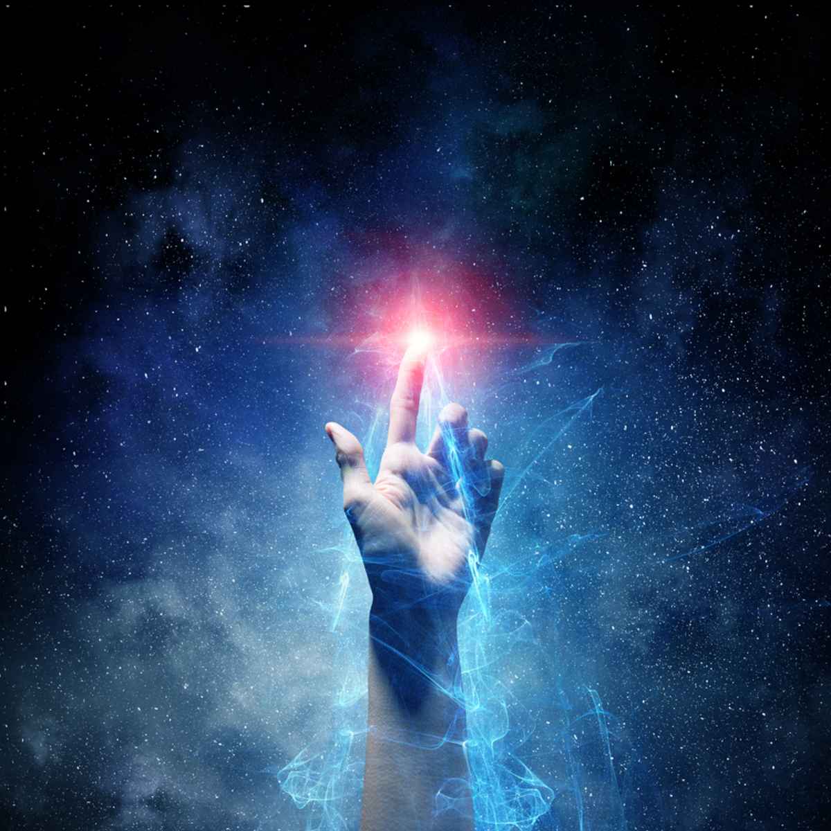 A hand reaching up into the deep starry night sky with electrical energy flows around the arm.