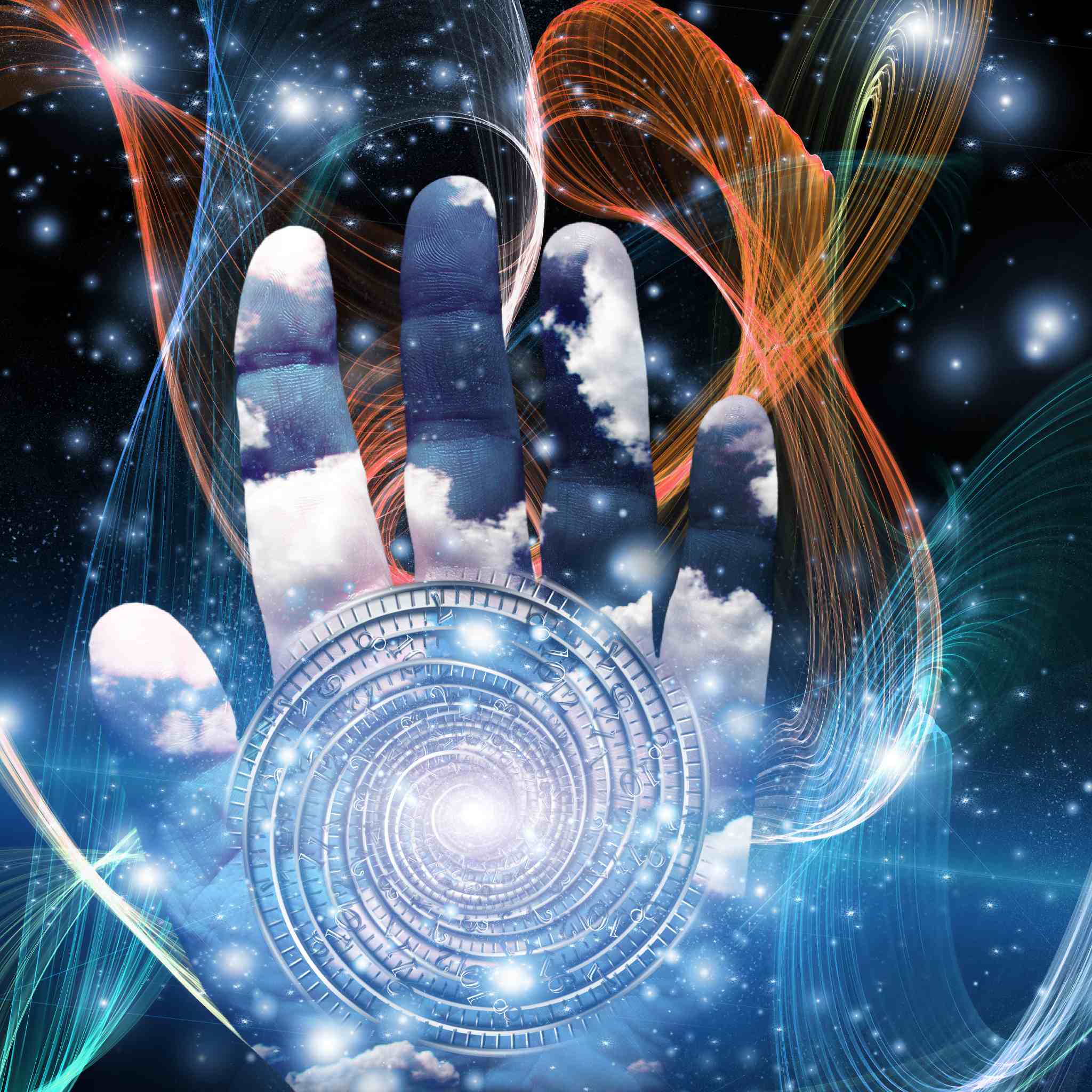 A large, open hand overlaid with a pattern of white clouds on a blue sky. The palm holds a circular, metallic-looking ancient astronomical or astrological chart with a spiralling vortex of light emanating from the centre, all set against a dark, cosmic background with swirling blue and orange energy ribbons.