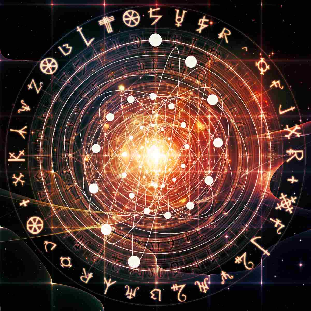 Circular alchemy design with glowing centre, symbols, and text on a dark background.