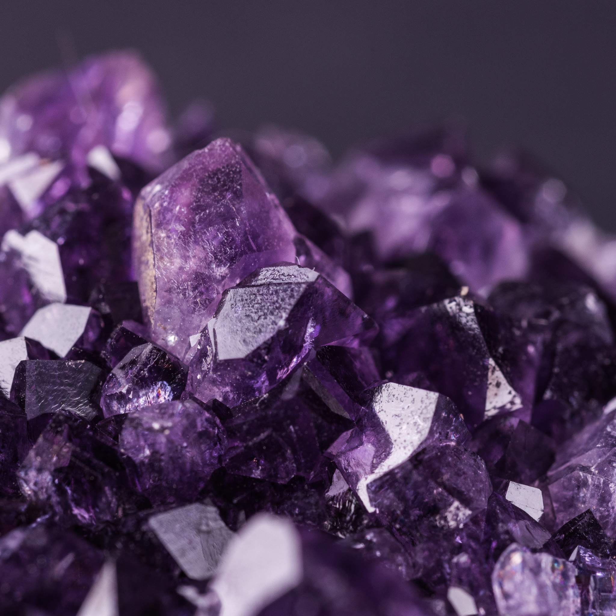 A macro close-up of deeply saturated purple amethyst crystals on a dark background, representing dynamic amethyst connections.