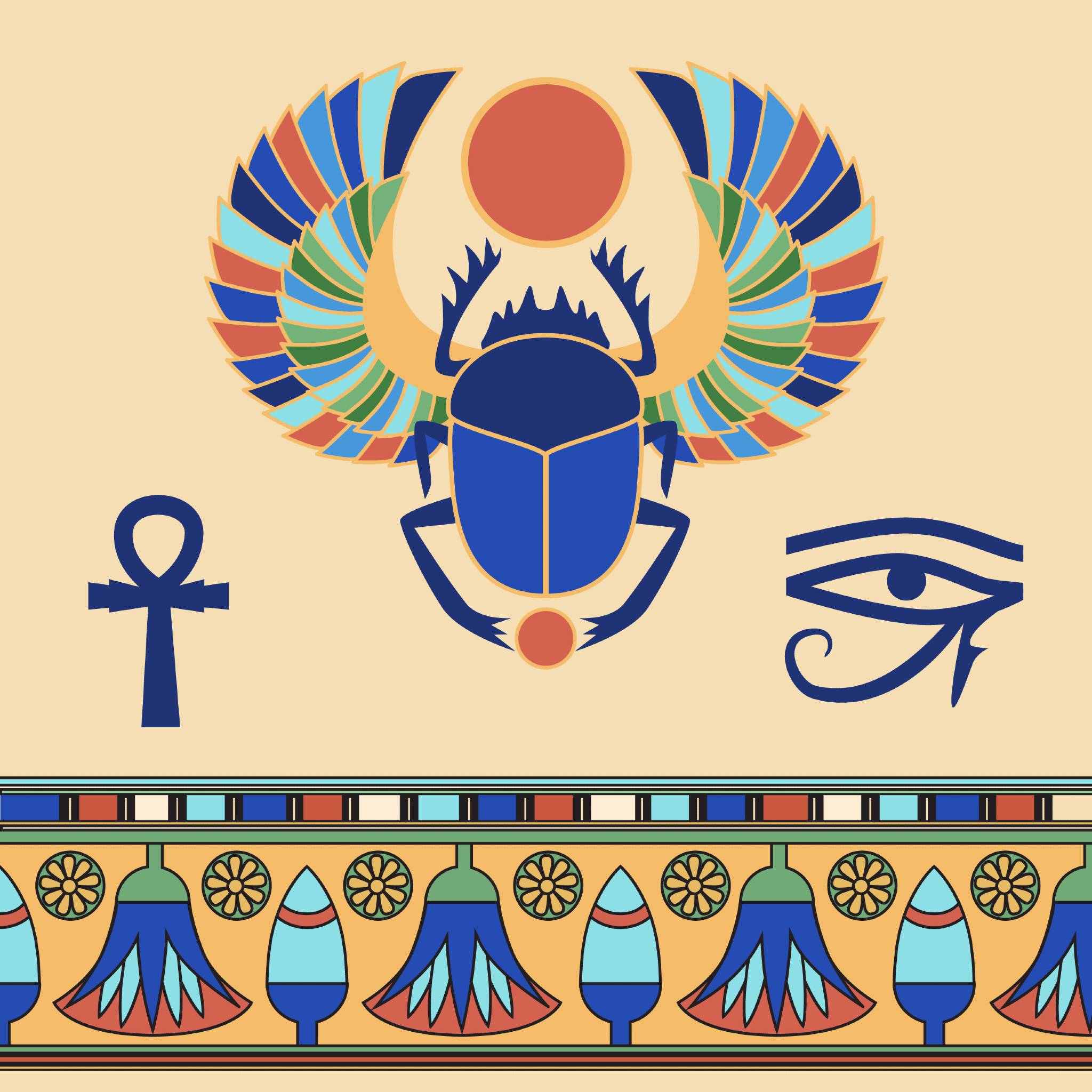 An Ancient Egyptian illustration of a winged scarab, the Eye of Horus, and an ankh, representing ancient Egyptian connections.