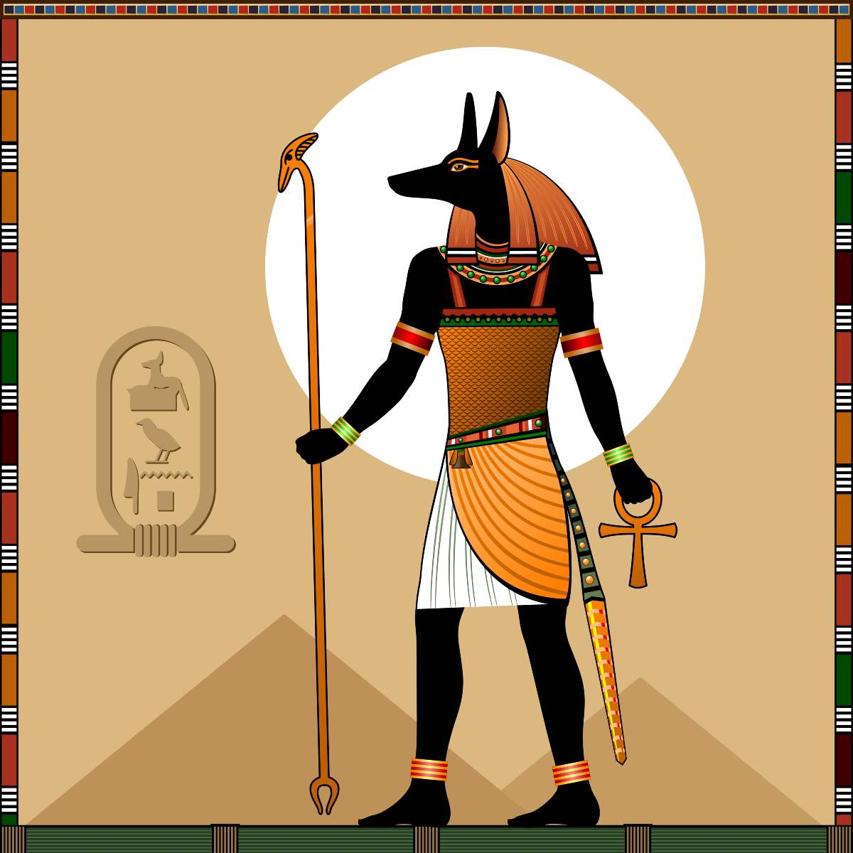 Illustration of the Egyptian god Anubis on a beige background with decorative elements.