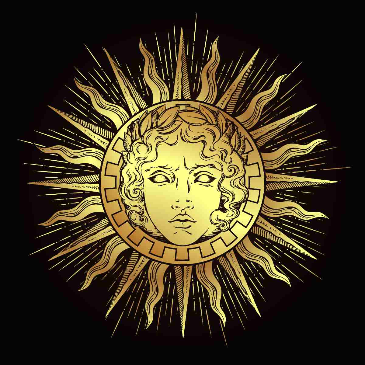 Gold sun with the god Apollo's face design on a black background.