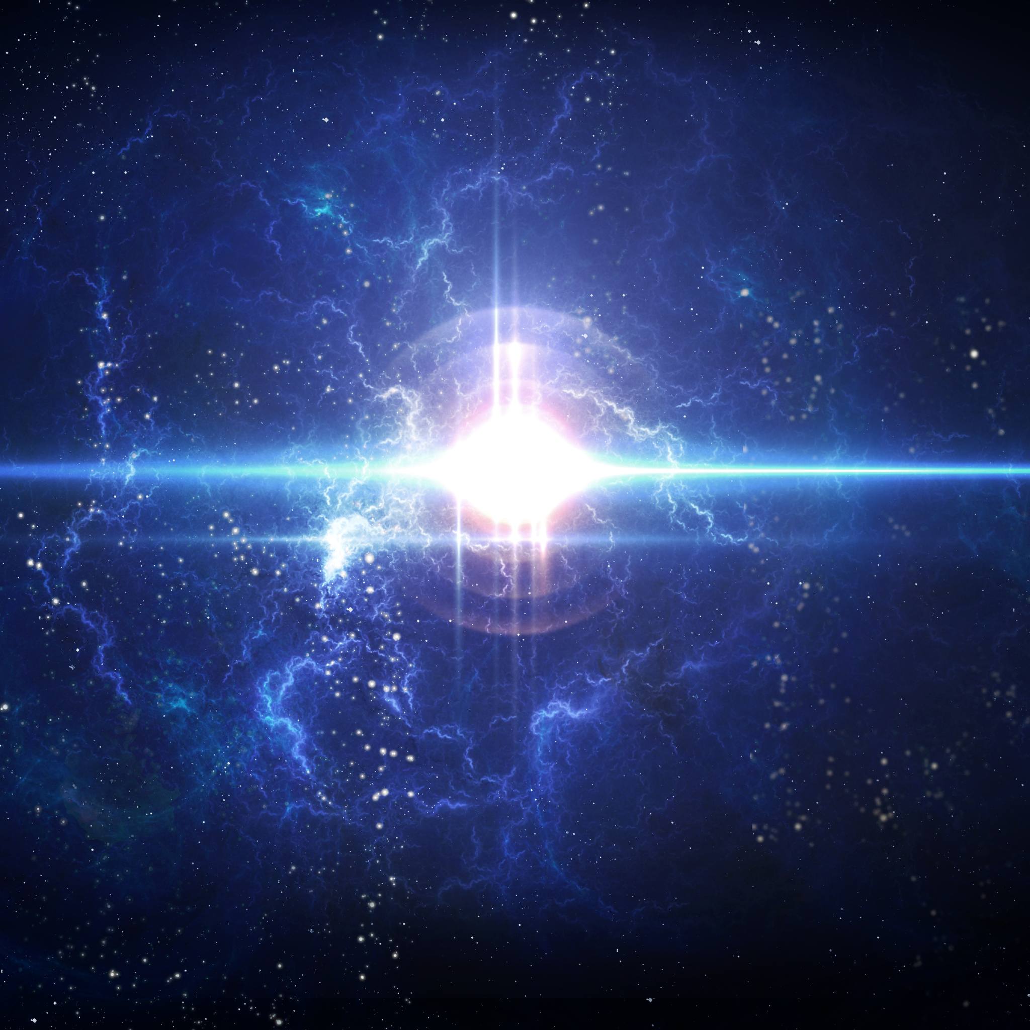 Cosmic scene with a bright light source and starry blue background.