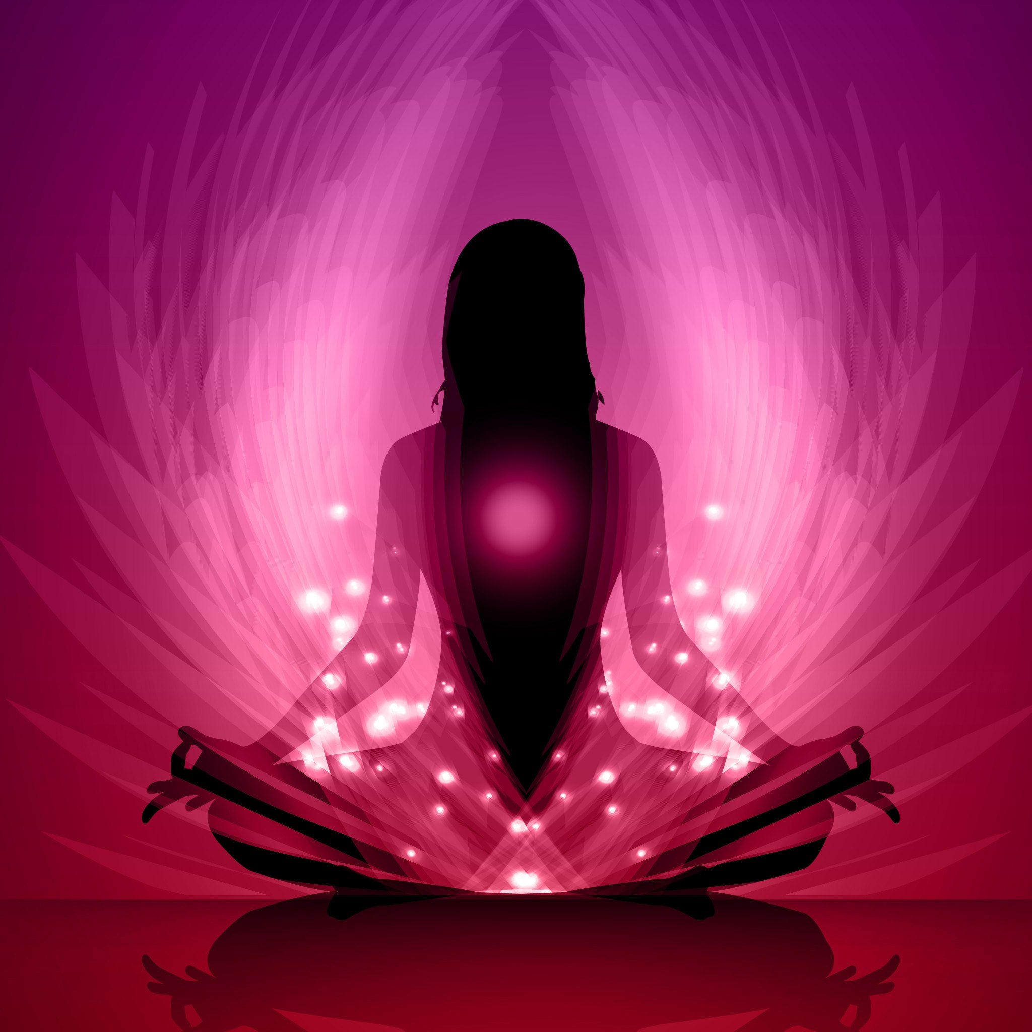 A beautiful digital illustration showing the black silhouette of a female figure sitting in a lotus meditation pose. The figure is framed by luminous pink and magenta light rays, with a bright white glowing orb at the heart and small sparkling lights rising from the lap, symbolising the intense energy of ascended master connections.