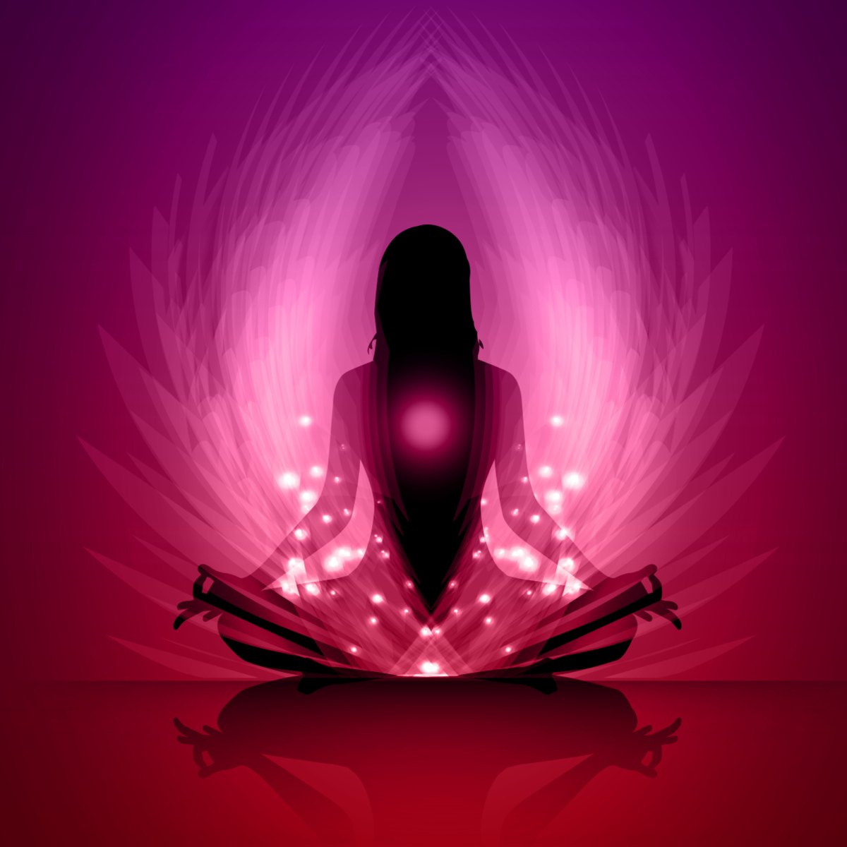 Meditating figure framed by luminous pink light rays symbolising ascended master connections.