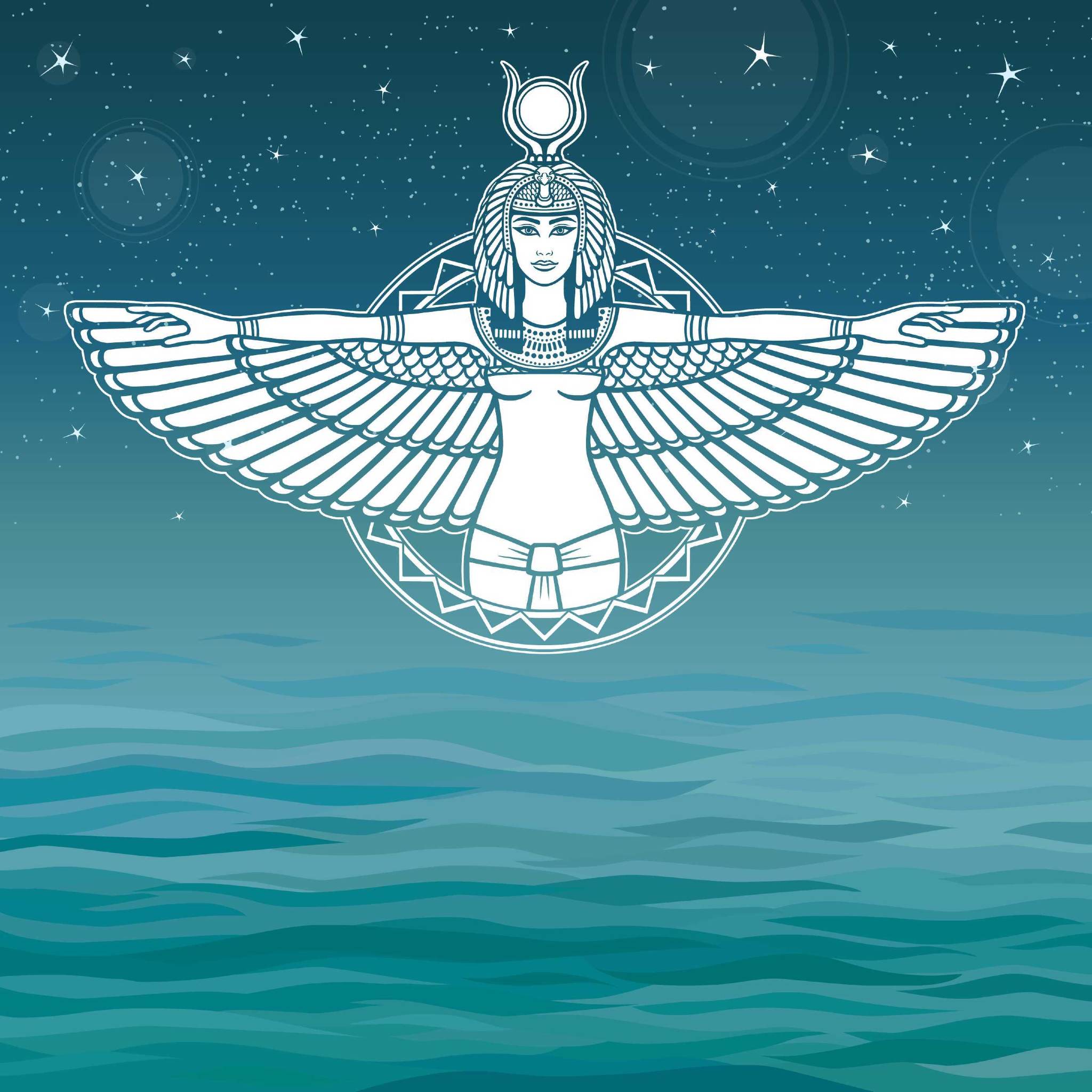 White line art of the Egyptian winged Goddess Aset (Isis) over blue water and a starry sky.