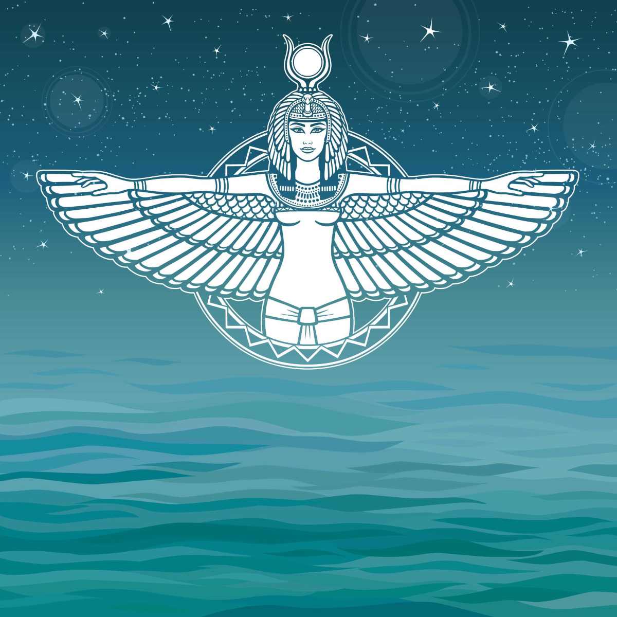 White line art of the Egyptian winged Goddess Aset (Isis) over blue water and a starry sky.