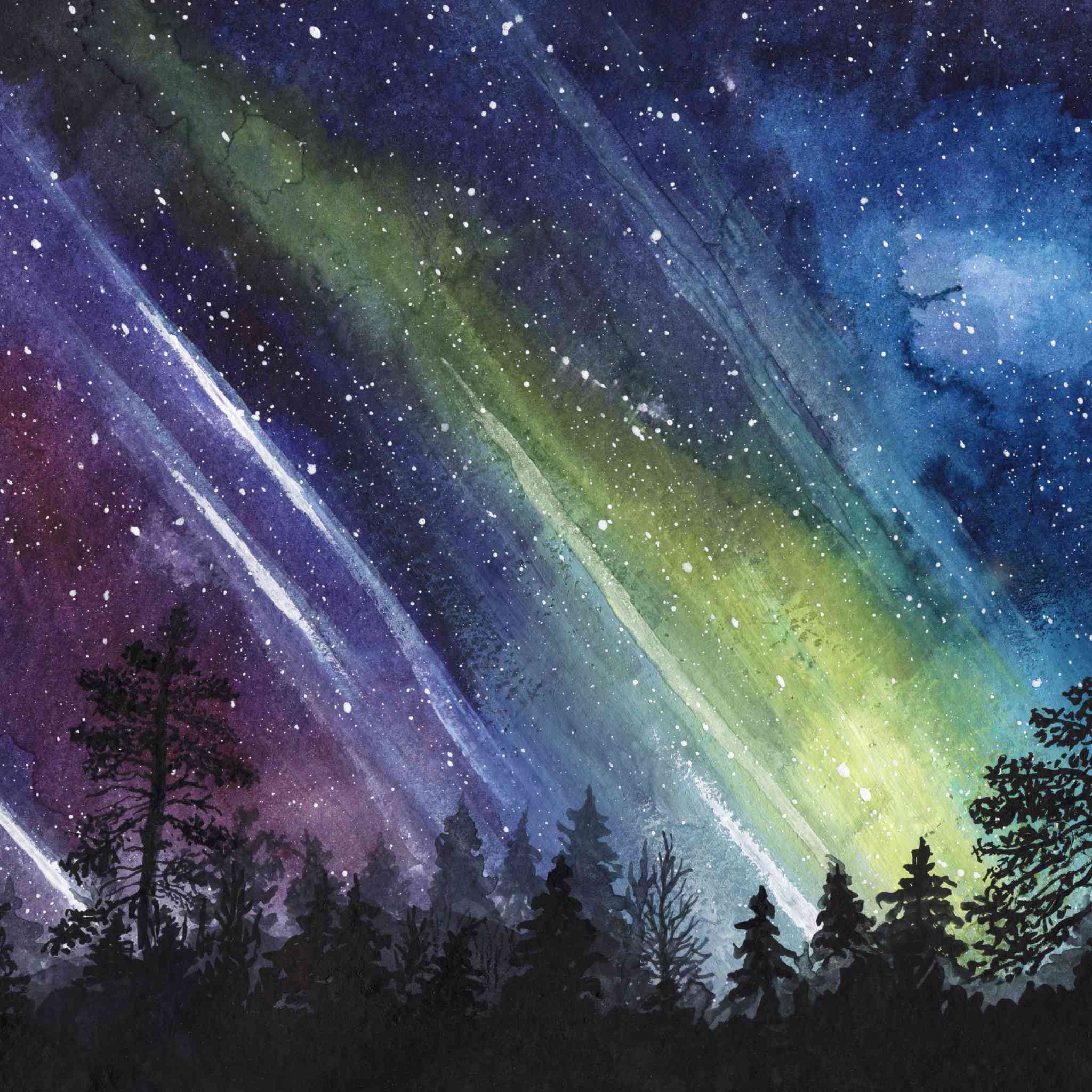 A watercolour of the Aurora Borealis over a forest symbolising Goddess Aurora.