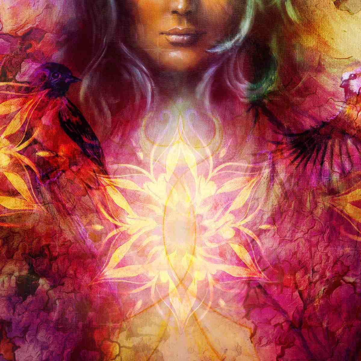 Artistic depiction of Goddess Brigid with a glowing centre surrounded by colourful floral elements.
