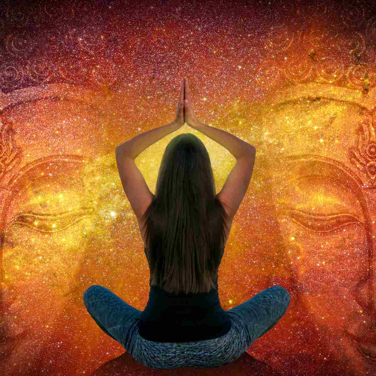 Person meditating with hands in prayer position against an abstract Buddha background.