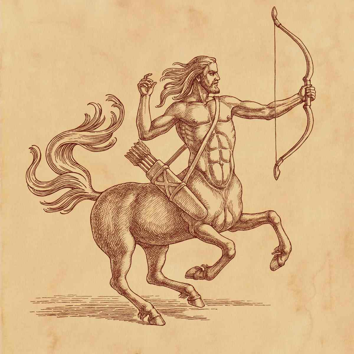 Illustration of a centaur with a bow on a beige background.