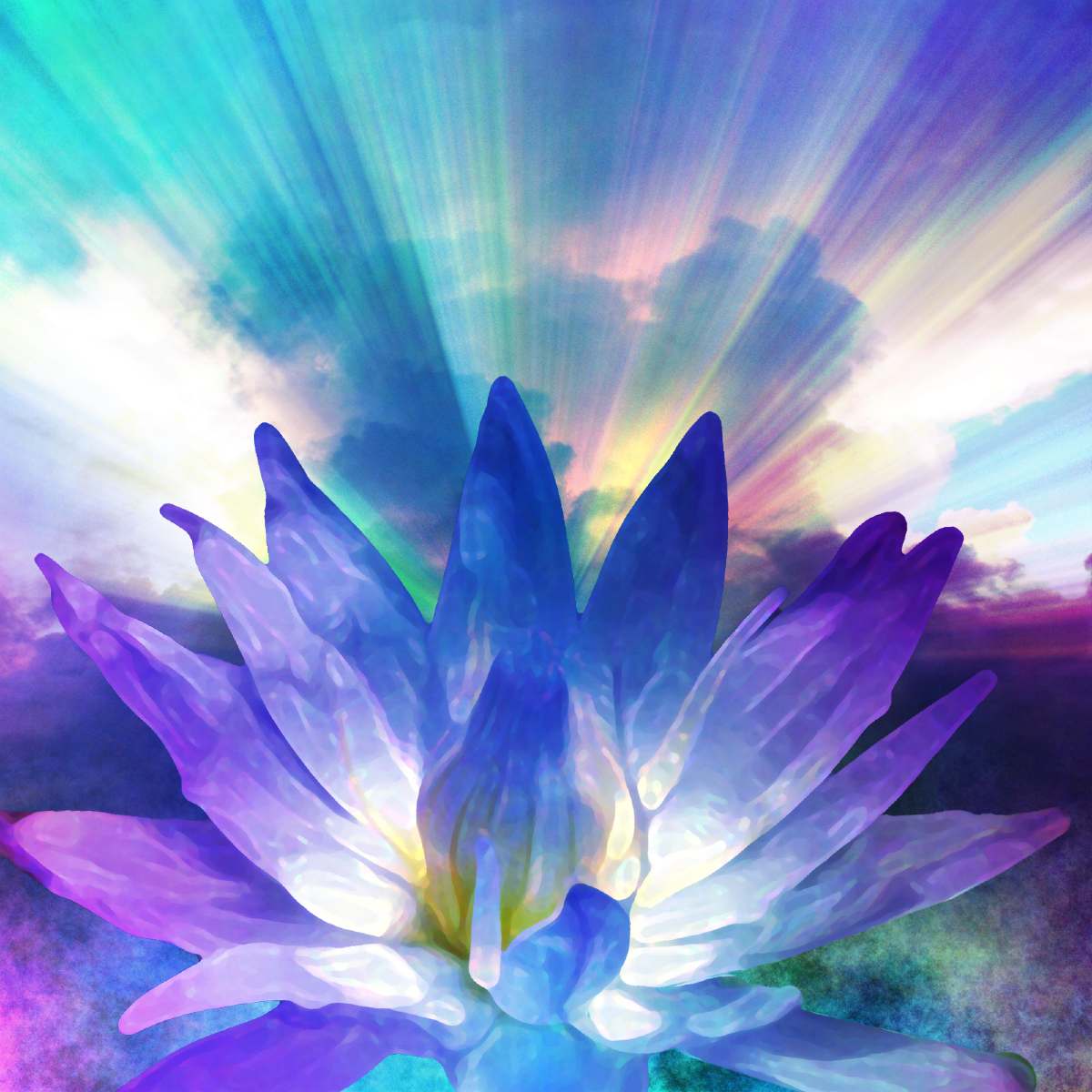 Colourful abstract cosmic lotus flower shape against a vibrant background.