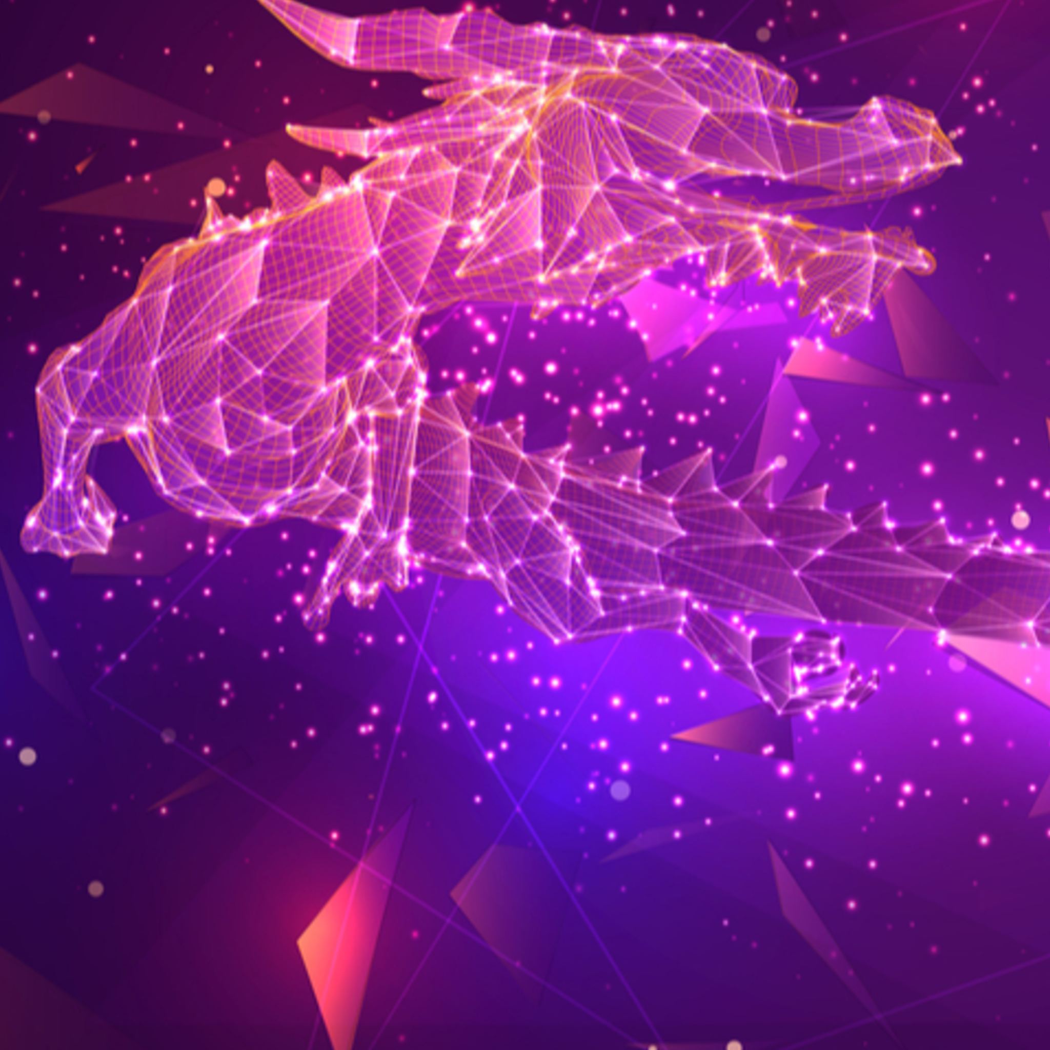 Abstract digital graphic of a glowing, three-dimensional wireframe dragon silhouette against a vibrant pink and purple cosmic background.