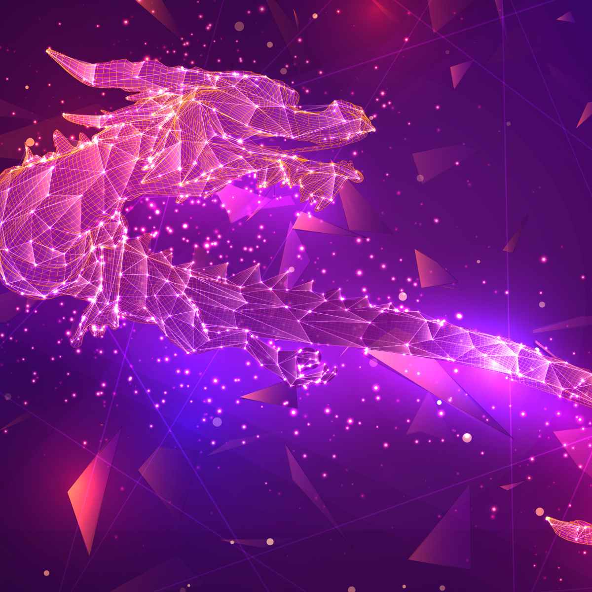 Abstract digital graphic of a glowing, three-dimensional wireframe dragon silhouette against a vibrant pink and purple cosmic background.