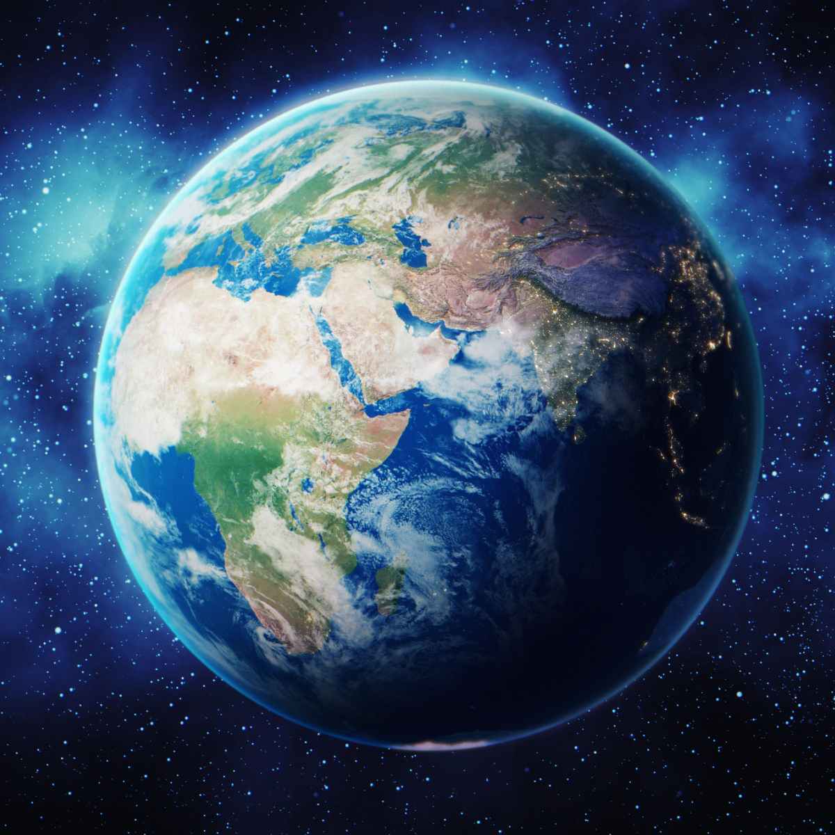 Planet Earth from space with visible continents and stars in the background.