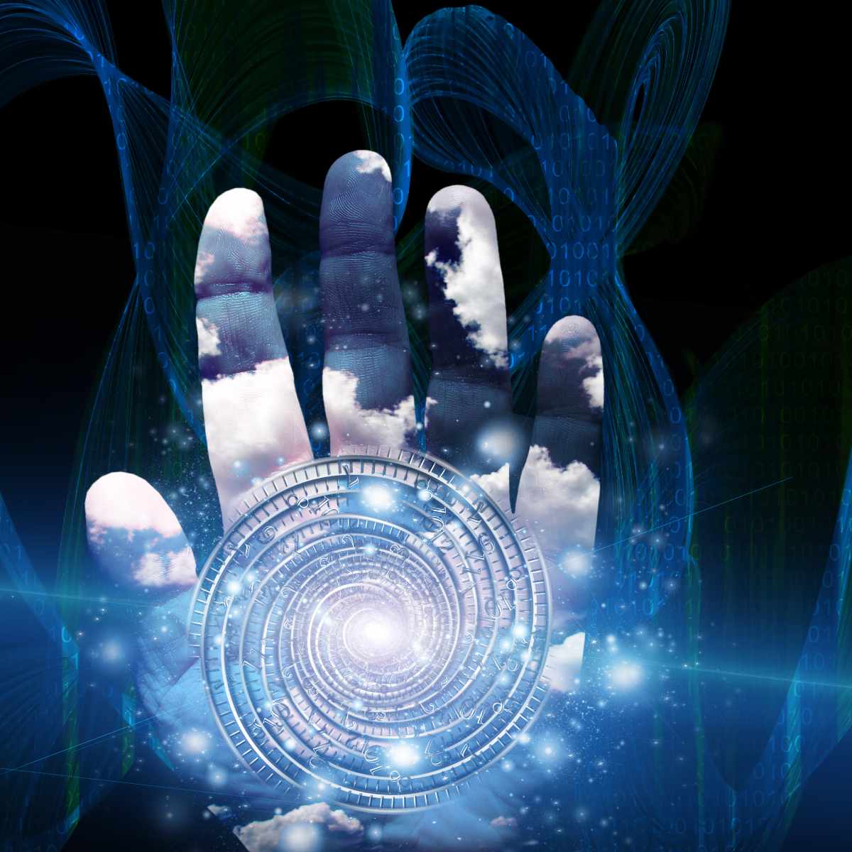Digital art of a hand holding an esoteric circular object with cloud and sky patterns.