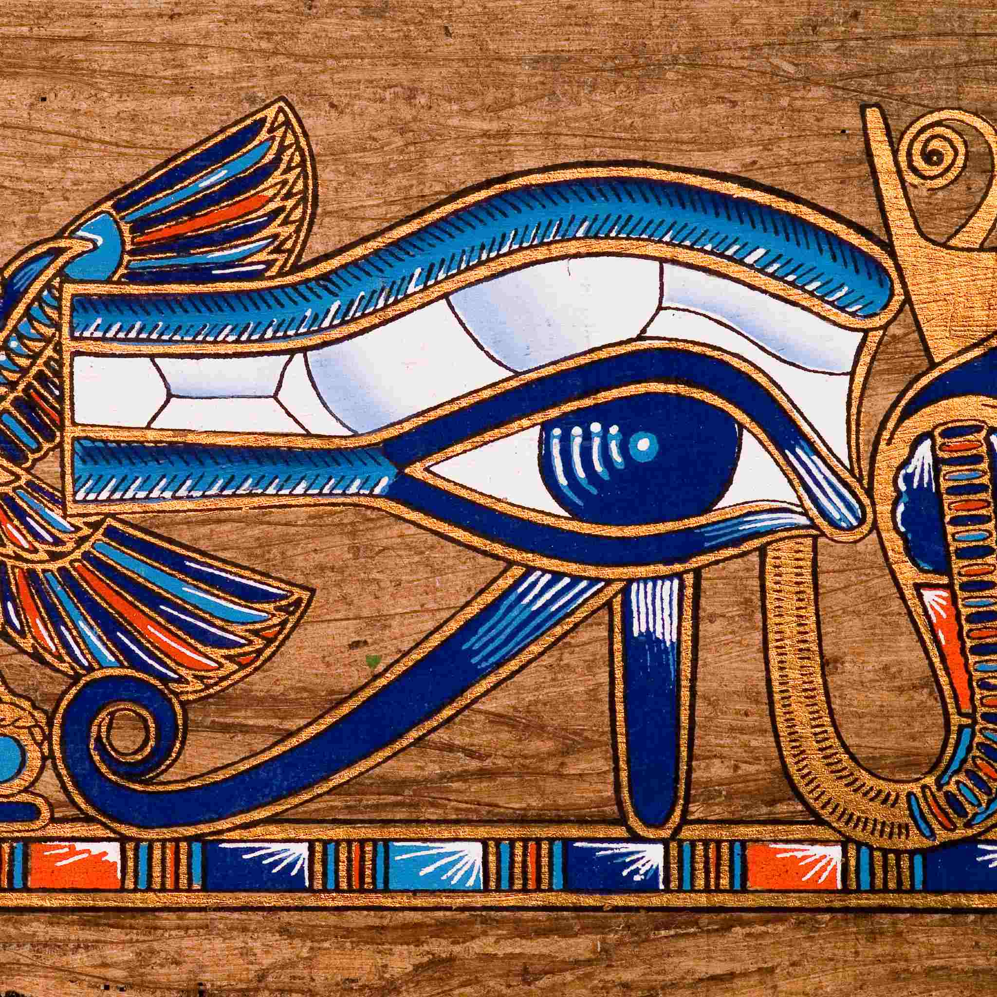 A richly detailed Eye of Horus symbol in blue, white, and gold, part of a colourful Egyptian frieze, representing eye of horus connections.