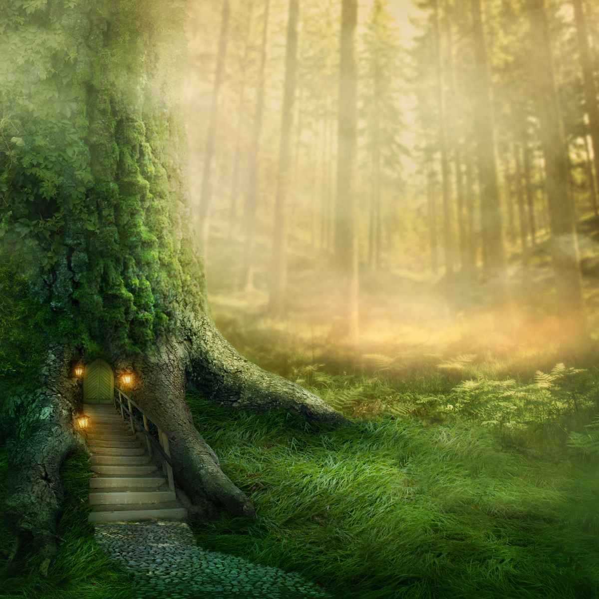 Mystical forest fairy connections scene with a glowing door in a moss-covered tree.