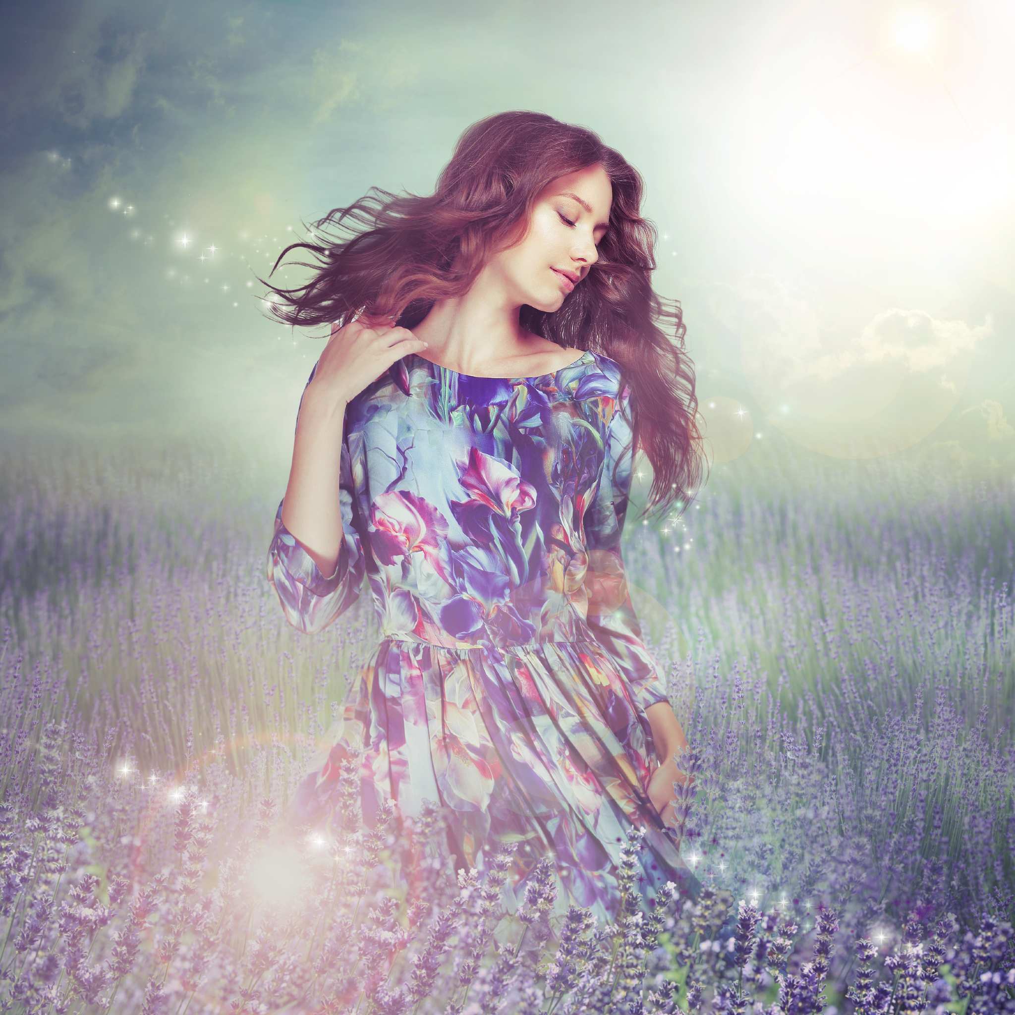 A beautiful woman in a floral dress standing amongst lavender flowers with sparkling light effects, representing Goddess Fortuna connections.