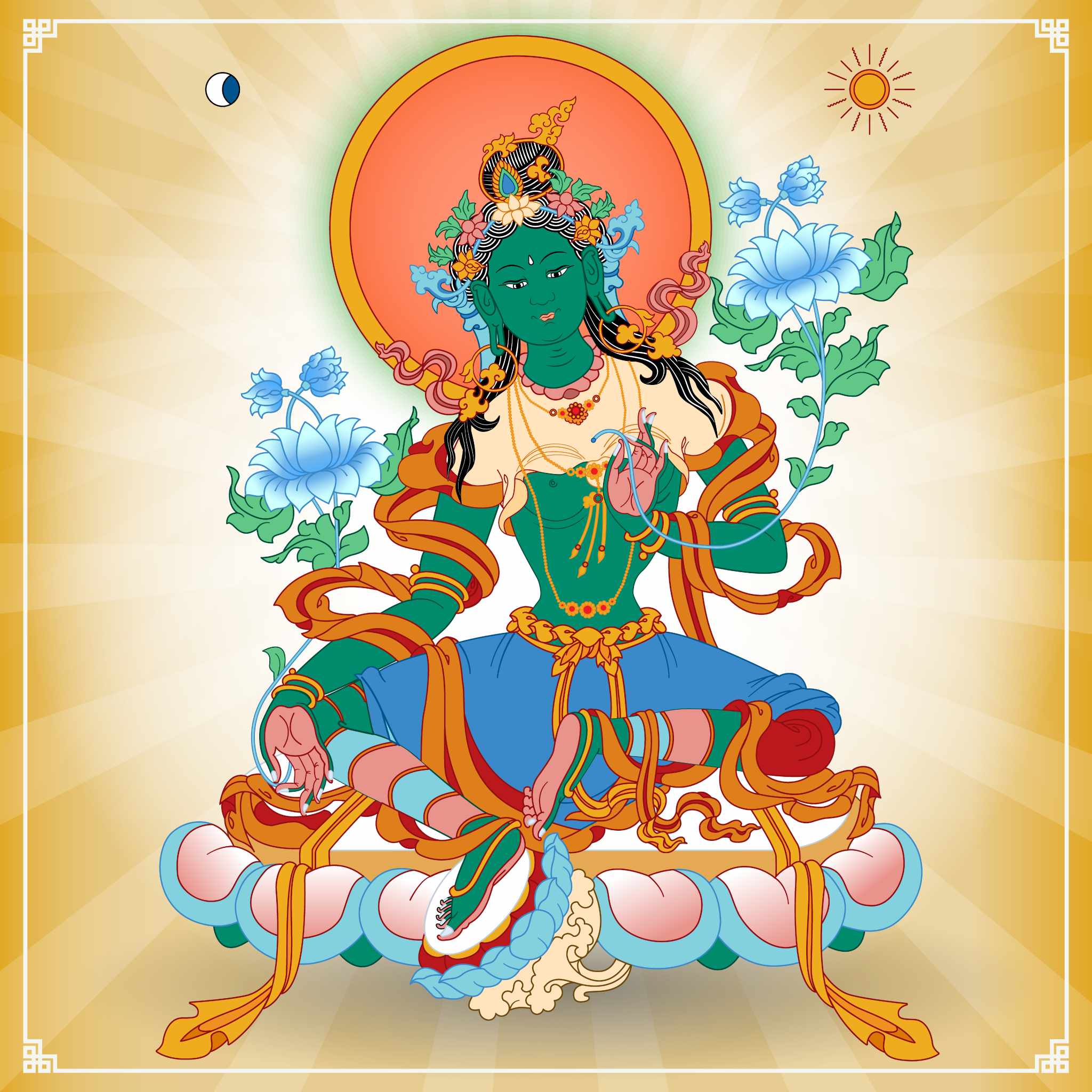 A colourful traditional image of the seated Goddess Green Tara.
