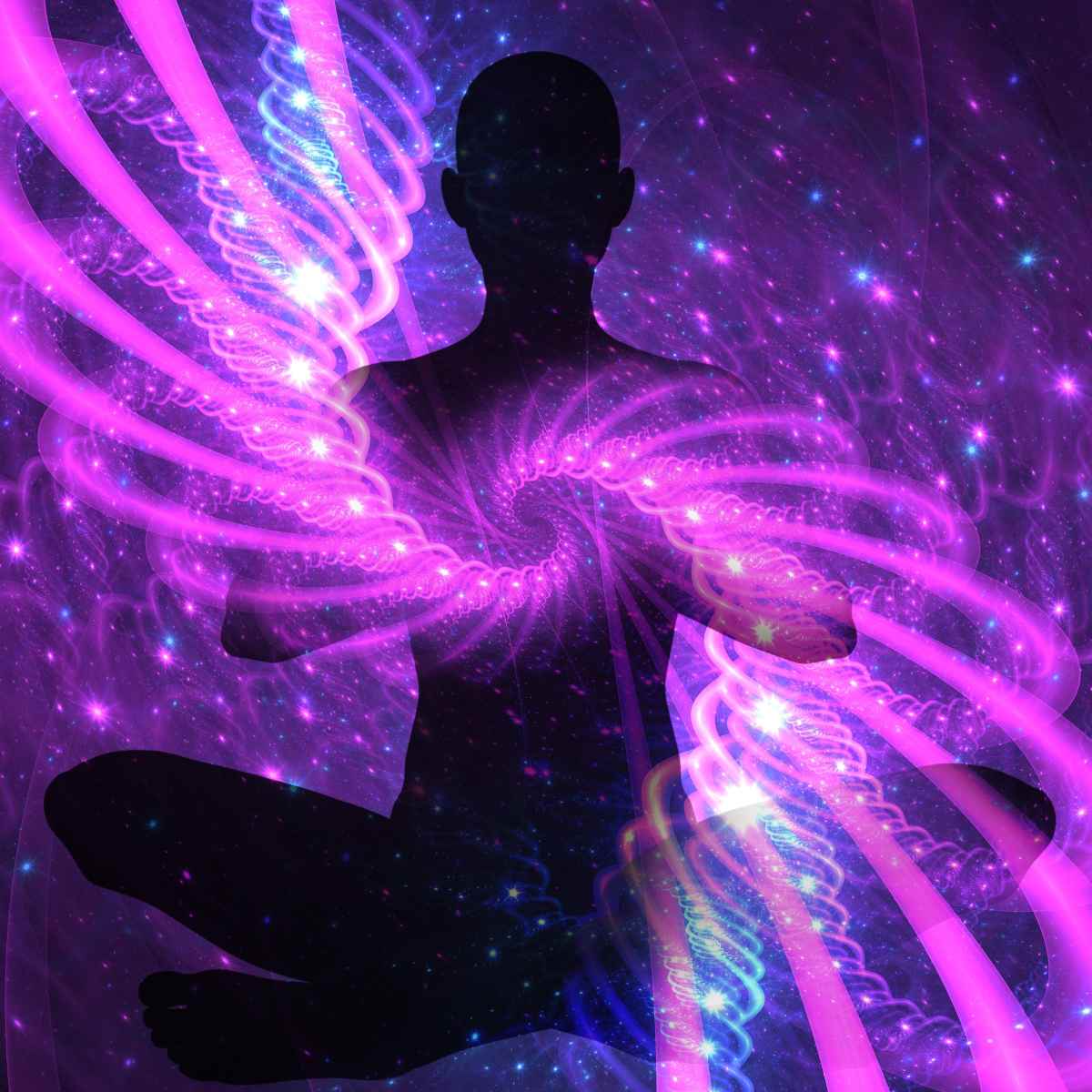 Silhouette of an energy healer with swirling pink and purple energy effects.