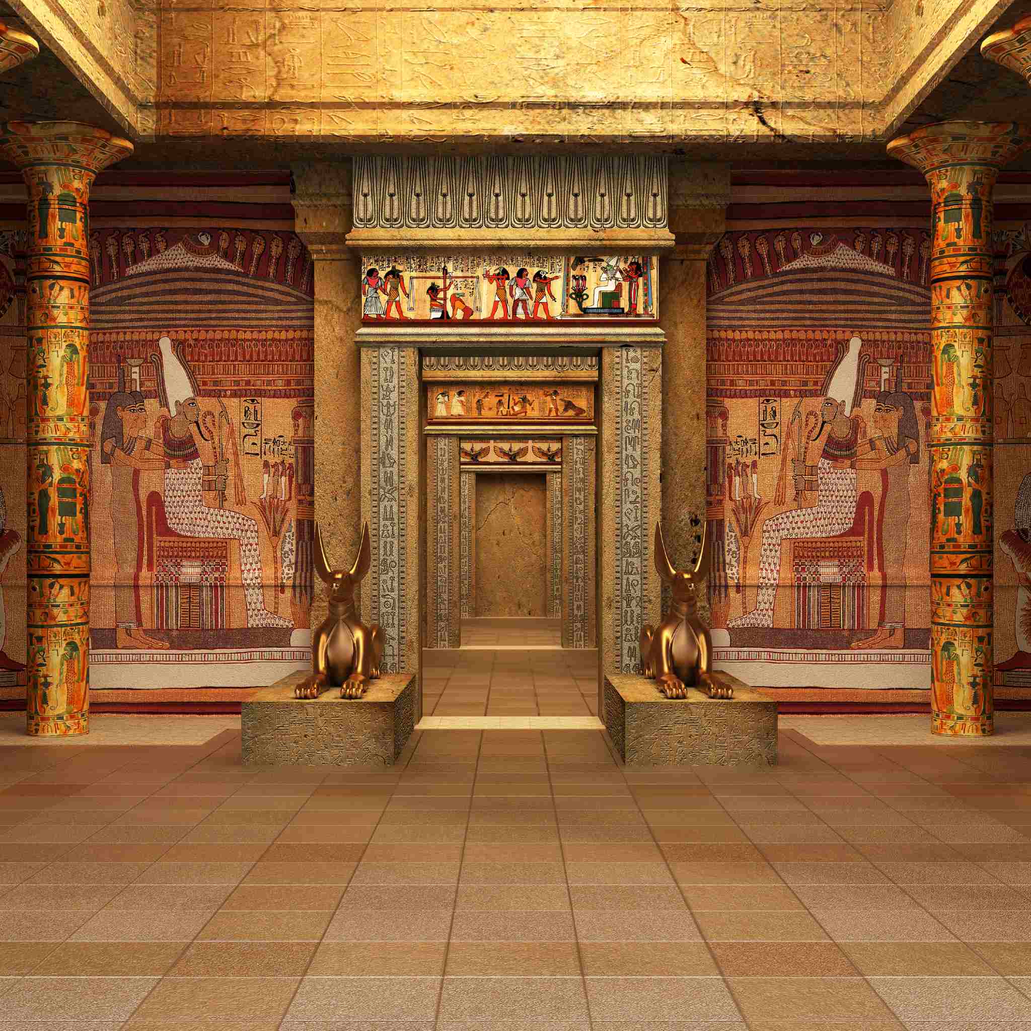 An Ancient Egyptian temple interior with columns, murals, and two jackal statues, representing the Heka connections.