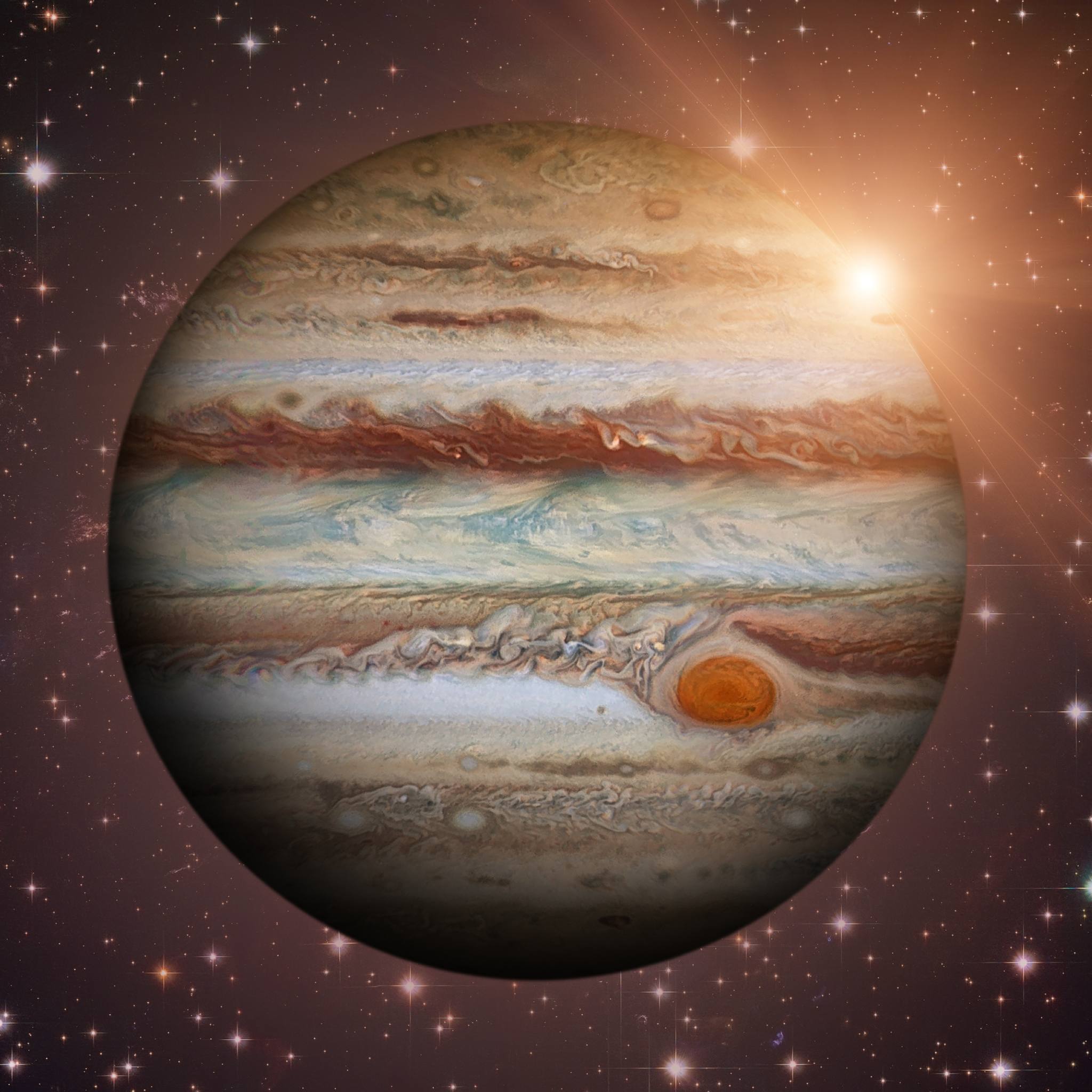 The planet Jupiter, with the Great Red Spot visible, against a starry background, suggests energetic connections.