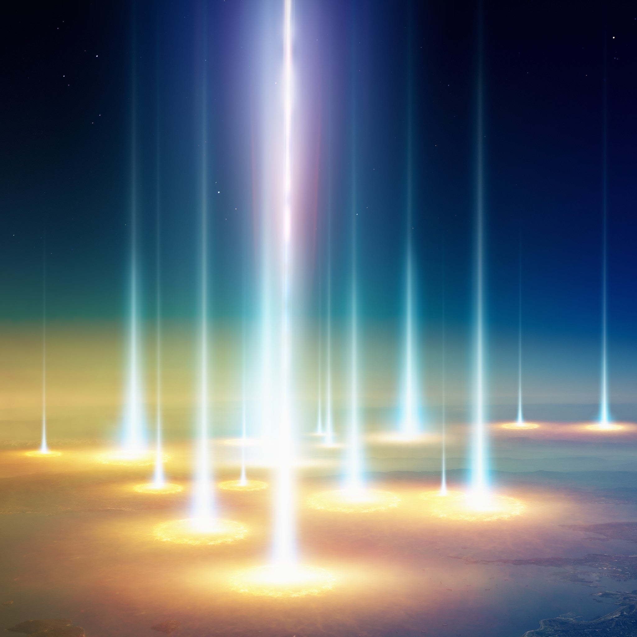 A stunning digital illustration of numerous vertical, powerful light beams of white, blue, and purple energy descending from a dark night sky. The beams terminate in bright, glowing orange circles on a distant, low-lying landscape, symbolising the intense divine energy of the karmic council connections.