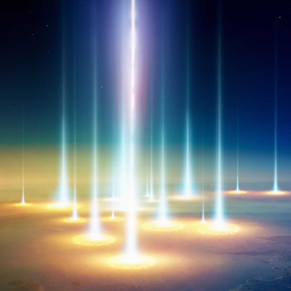 Numerous vertical, powerful light beams of white, blue, and purple energy descend from a night sky, symbolising karmic council connections.
