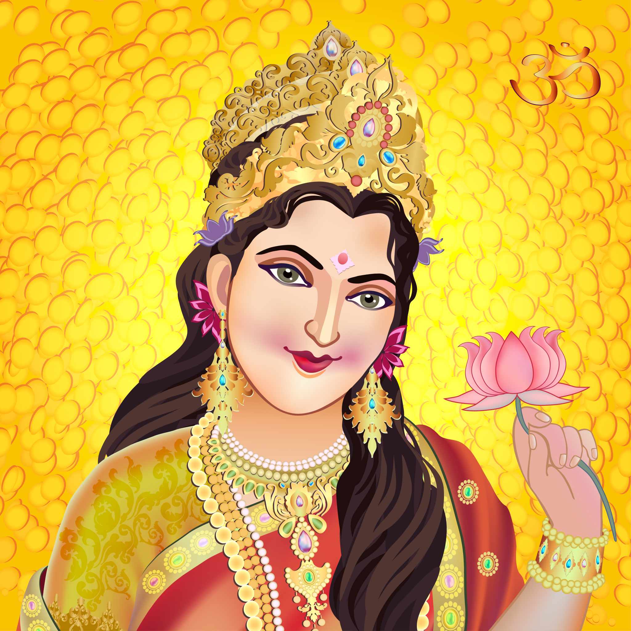 Close-up of the Hindu Goddess Lakshmi with a lotus, on a gold background.