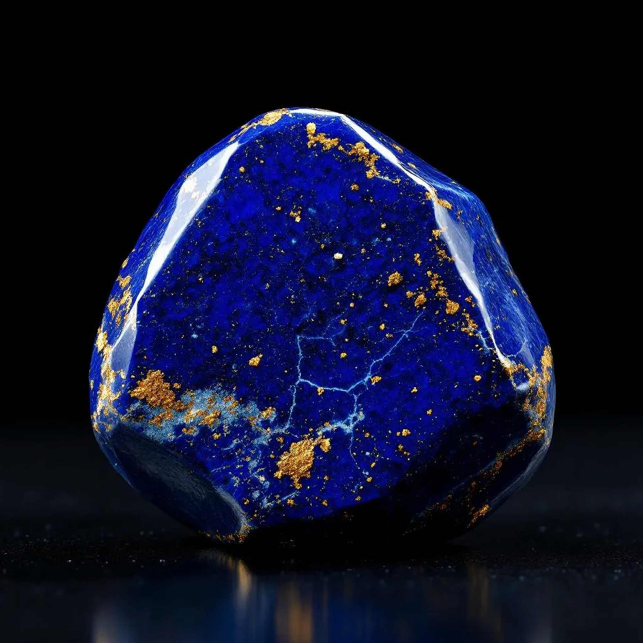 A close-up, studio photograph of a highly polished, deep blue Lapis Lazuli stone with bright golden pyrite inclusions and visible light blue fractures, resting on a reflective black surface.